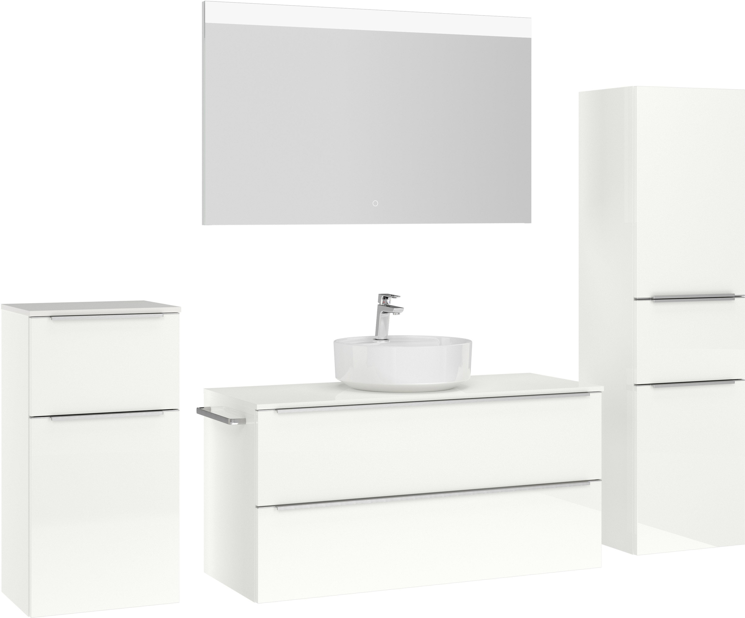 nobilia® Badmöbel-Set »Alvene«, (4 St., vormontiert, mit Soft-Close), Hochglanz, inkl. Spiegel mit Touch-Sensor, in vier Breiten