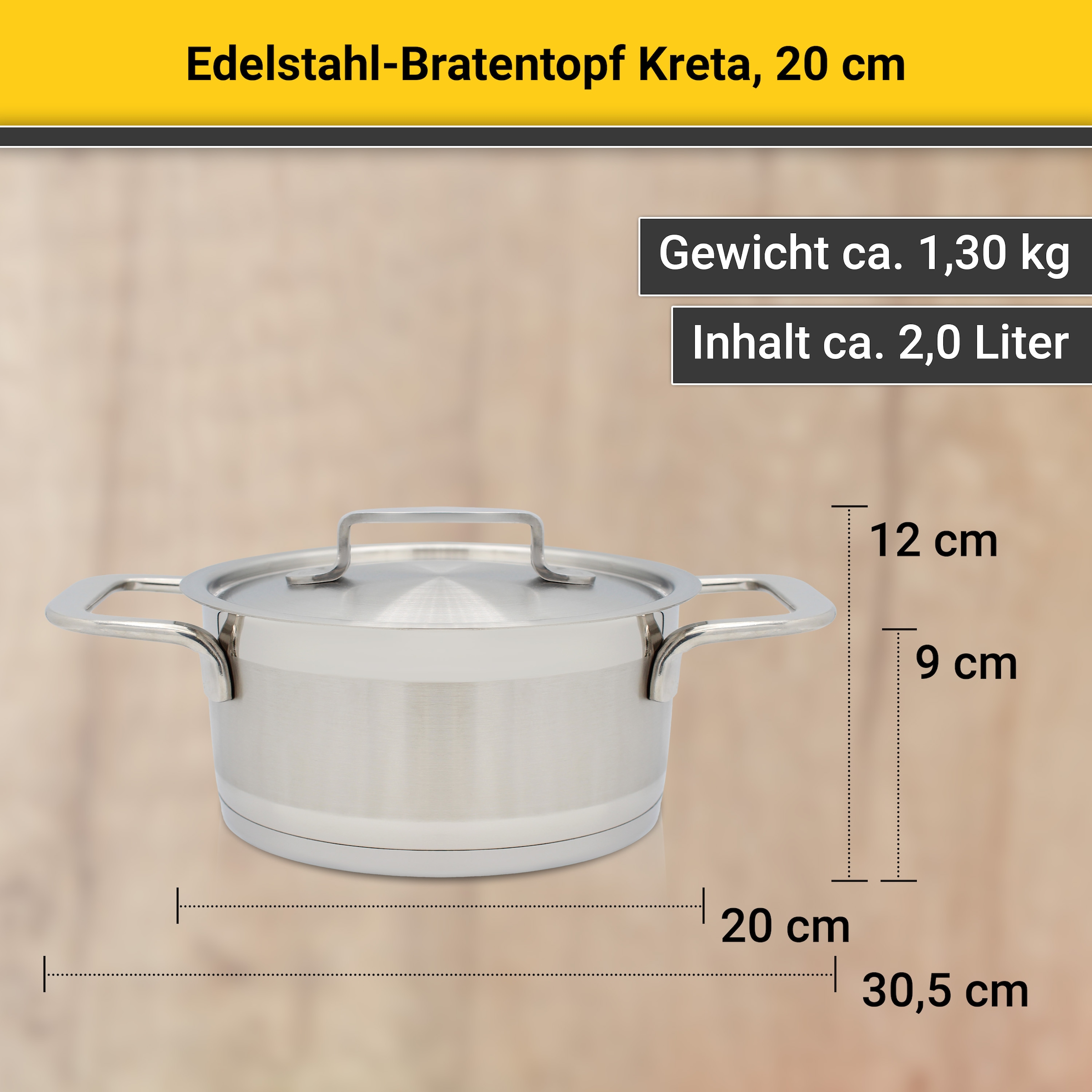 Krüger Bratentopf »Kreta«, Edelstahl 18/10, (2 tlg.), mit Edelstahldeckel, für Induktions-Kochfelder geeignet