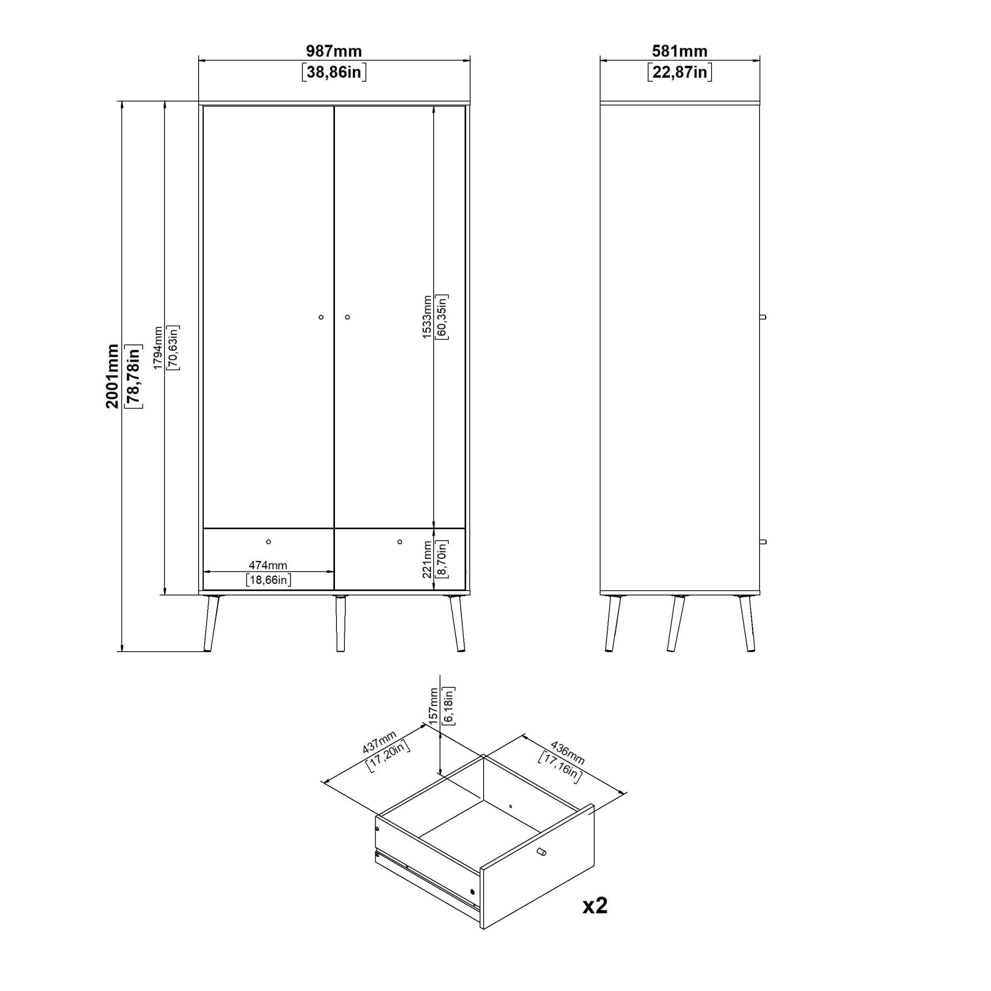andas Kleiderschrank »Bodo, Drehtürenschrank, Aufbewahrung Kasten Schrank Stauraum«, 2 Türen, 2 Schubladen, Beine und Griffe Massivholz, Breite 99 cm