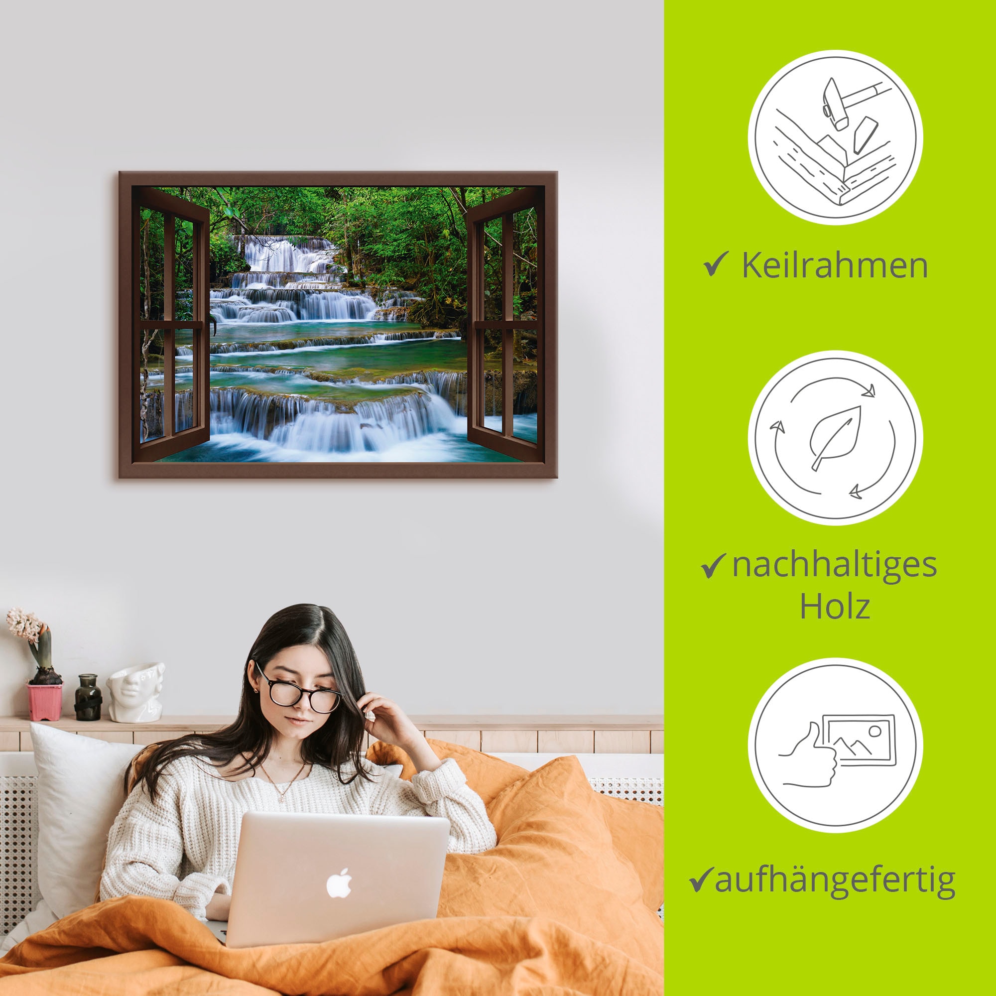 Artland Leinwandbild »Fensterblick Wasserfall in Kanchanaburi« Fensterblick 1 Stk. tlg. auf Holzrahmen gespannt