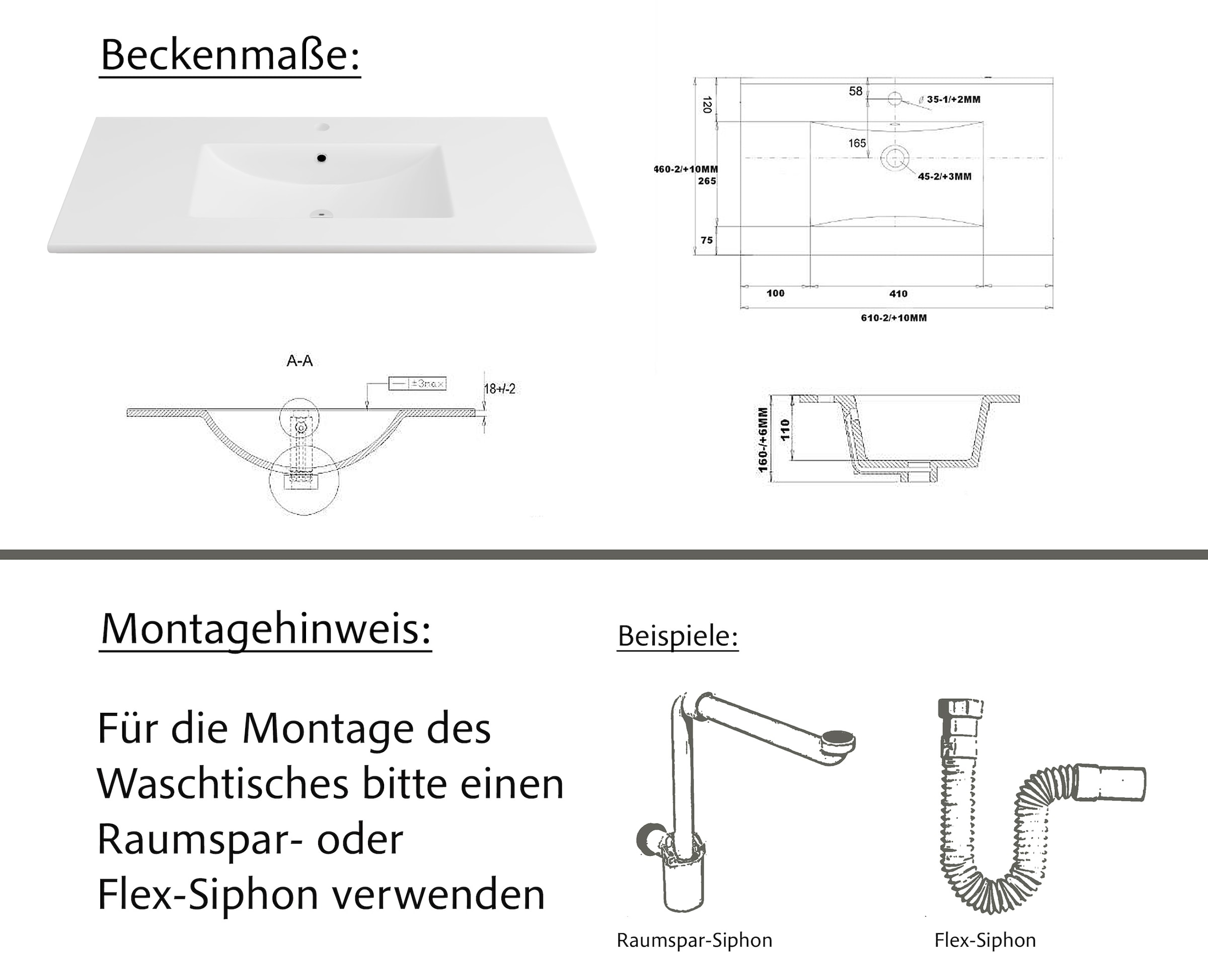 welltime Waschtisch »Trento Light, 60cm, 80cm, 100cm, Keramik-Auflagebecken«, 1 Auzug und 1 offenes Fach