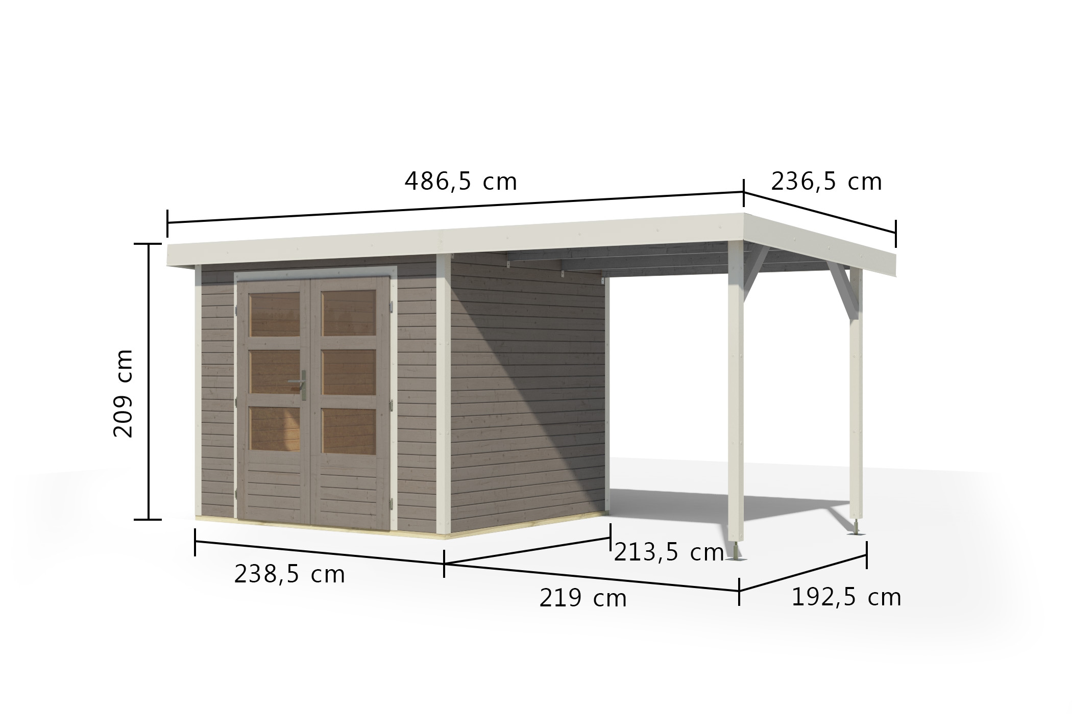 Karibu Gartenhaus »"Jupiter 3 D" SET wassergrau, mit Anbaudach 2,35 m breit«, hochwertige Materialien: nordische Fichte, Stahlecken, Trapezblechdach
