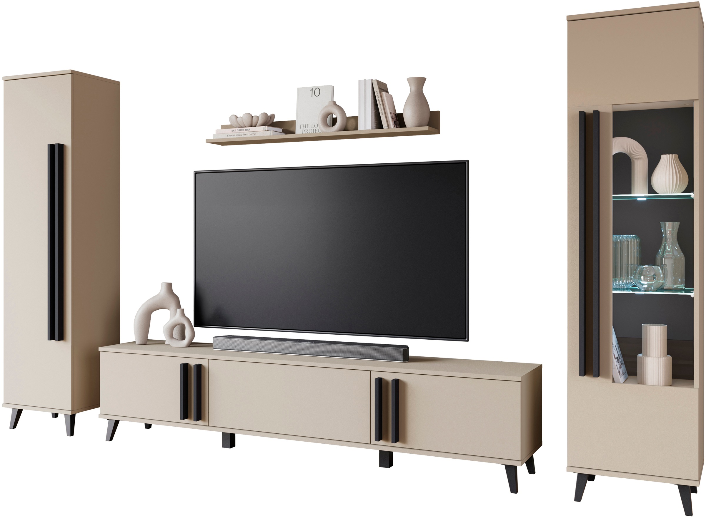 INOSIGN Wohnwand »Helsinki, Modernes Set mit verglaster Vitrine«, (Komplett-Set, 4 St.), mit lamellengriffen, verstellbaren Einlegeböden und Kunststofffüßen