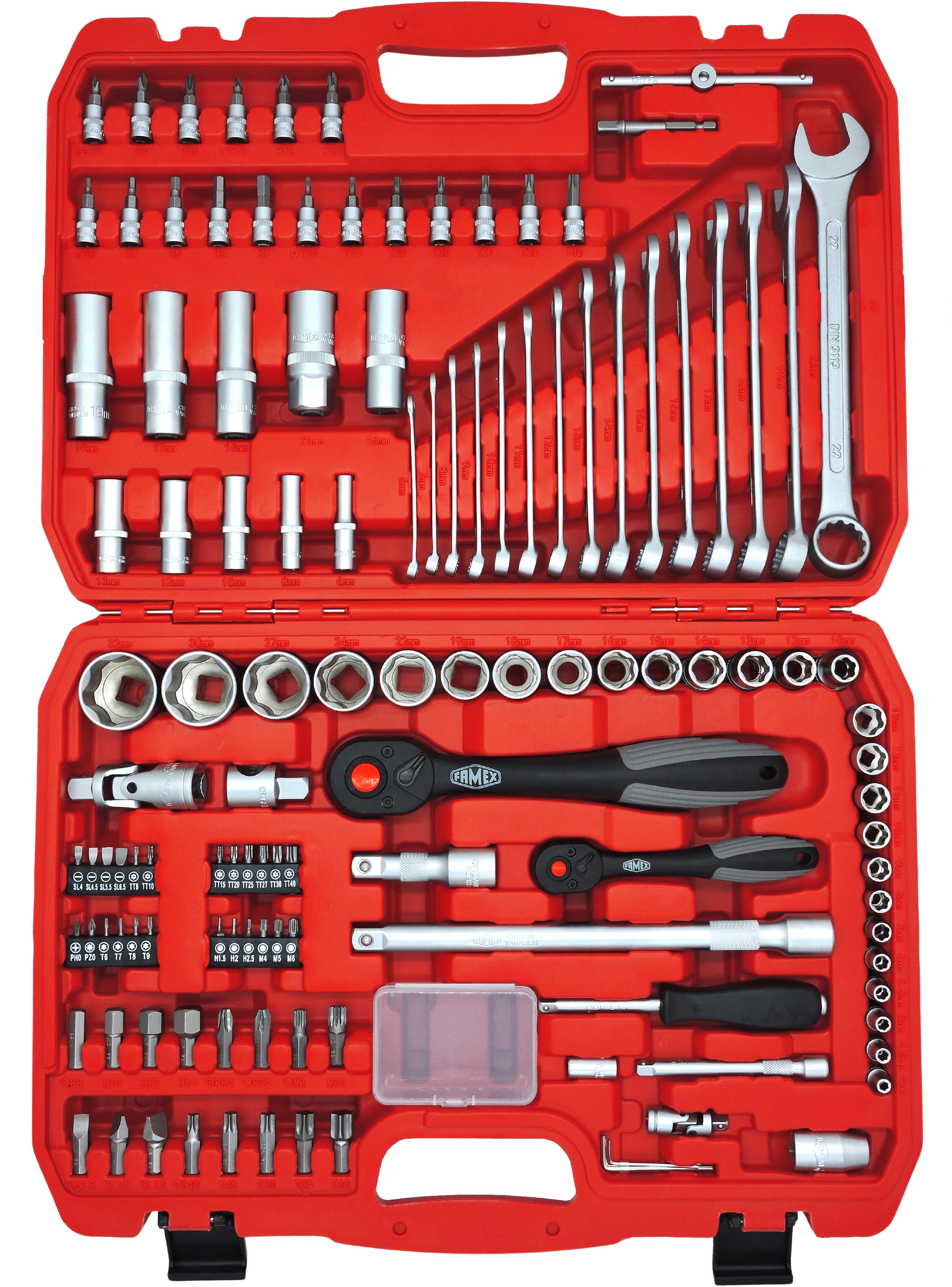 FAMEX Steckschlüssel »568-44 Mechaniker«, (Set, 125 St.), 72-Zahn-Umschaltknarren, Ratschenkasten, Nusskasten, äußerst belastbar