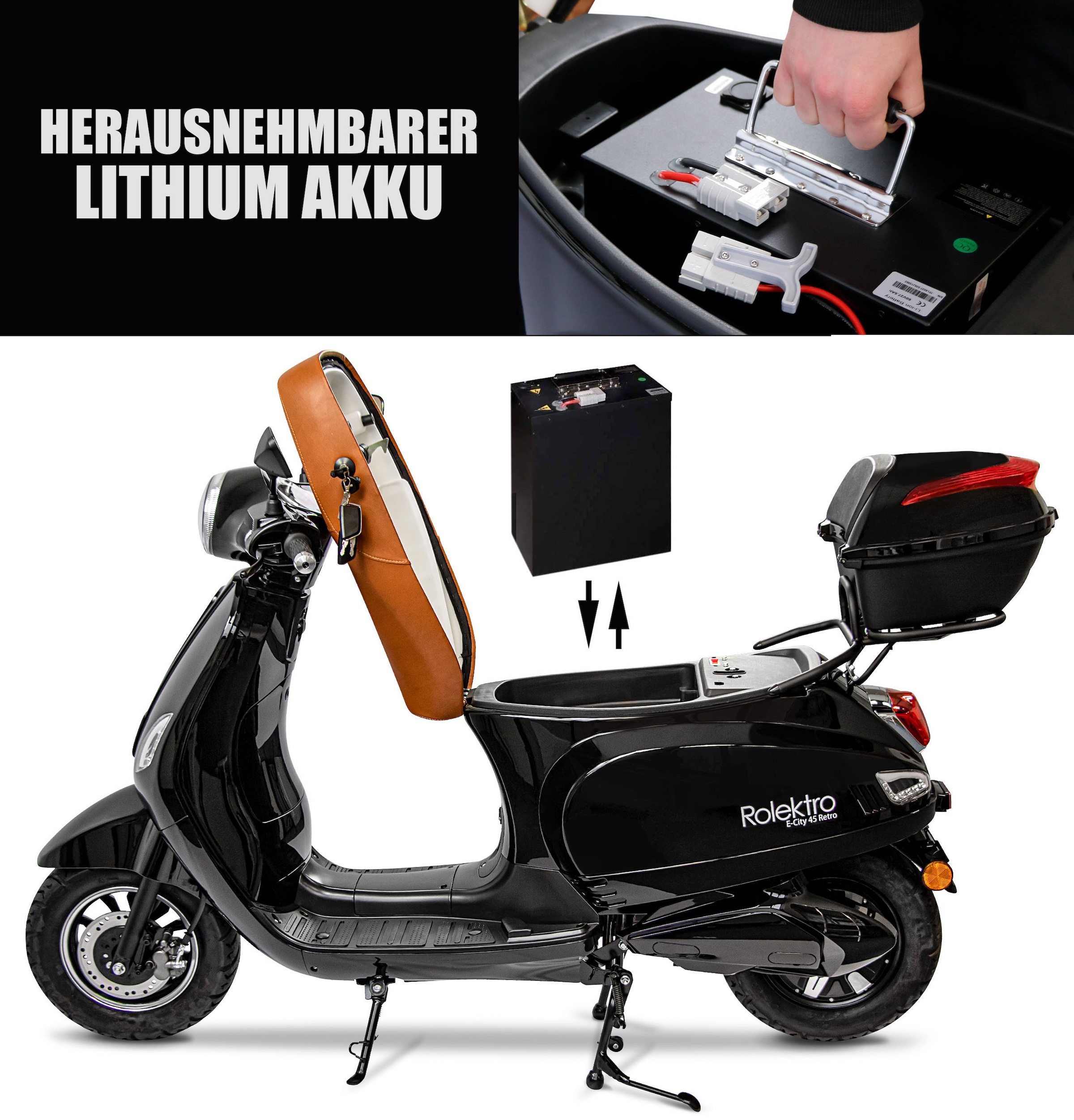 Rolektro E-Motorroller »Retro 45 Lithium, V. 2021«, bis zu 70 km Reichweite, mit USB-Anschluss und integr. Alarmanlage