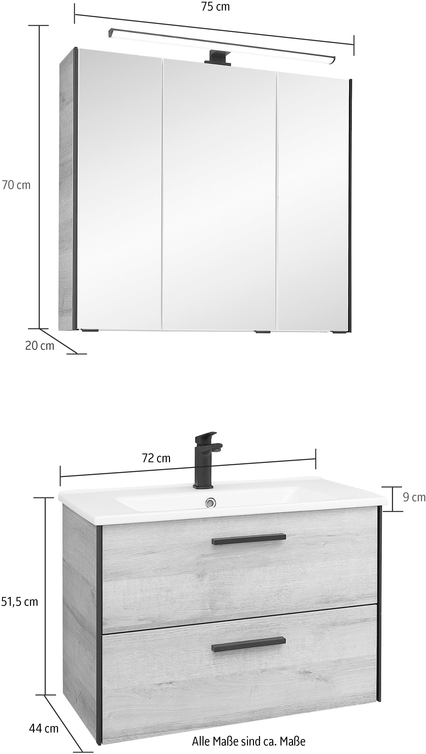 Saphir Badmöbel-Set »Quickset 395 2-teilig, Keramik-Waschtisch mit LED-Spiegelschrank«, (2 St.), Waschplatz 75 cm breit, 3 Türen, 2 Schubladen, Bad-Set