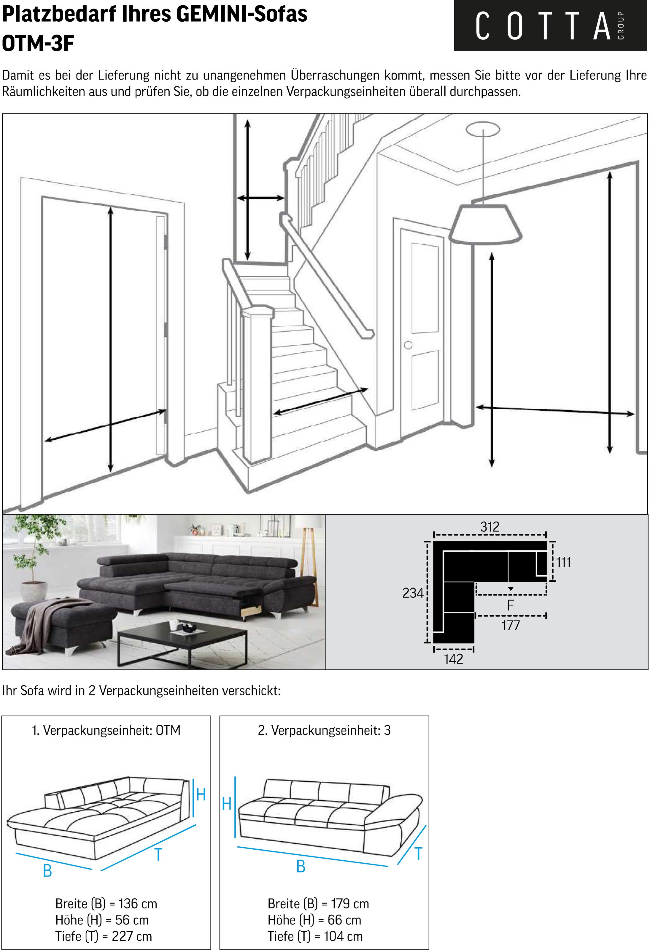 COTTA Ecksofa »Gemini L-Form«, mit Kopfteilverstellung, wahlweise mit Bettfunktion