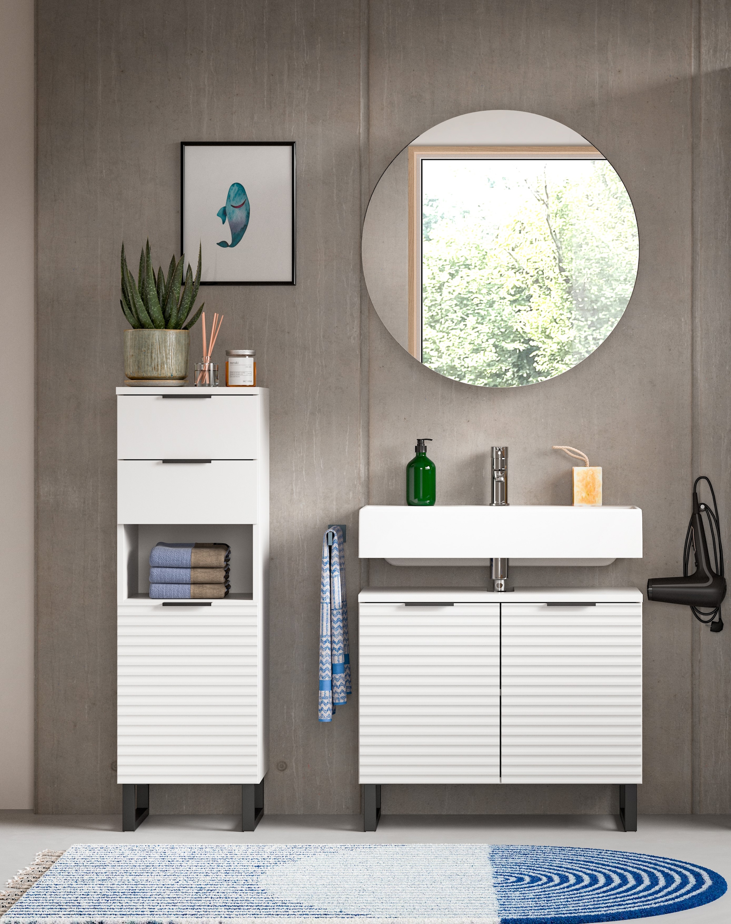 welltime Badmöbel-Set »Litica, Breite 120 cm, hochwertige Rillenfräsung, Metallkufen«, (3 St.), best. aus.: Unterschrank, Waschbeckenunterschrank, Spiegelschrank