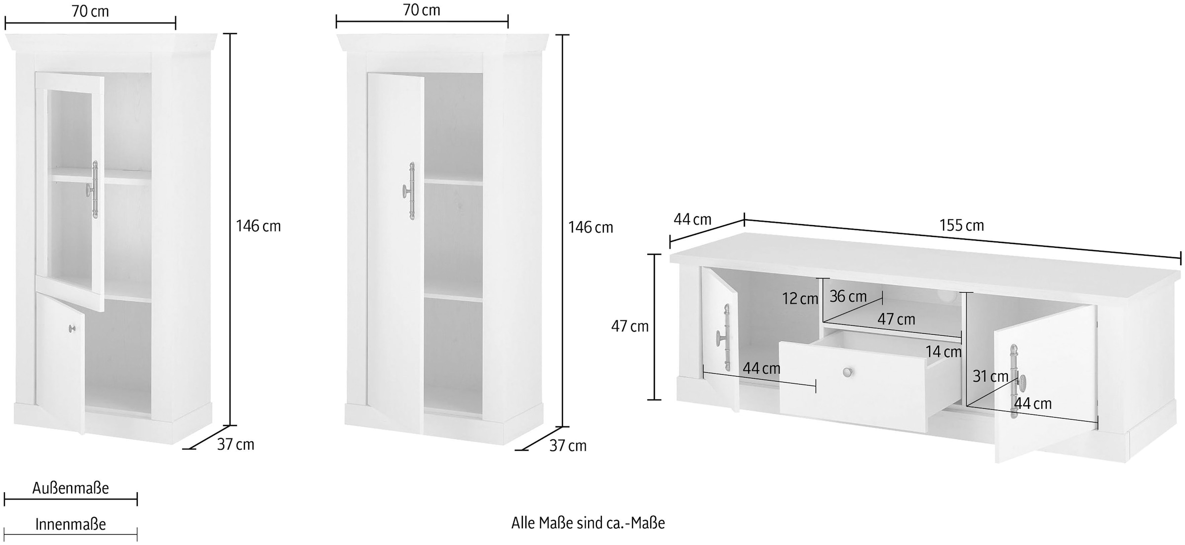 Home affaire Wohnwand »RAVENNA«, (3 St.), im romantischen Landhausstil, Griffe aus Metall, Softclose-Funktion