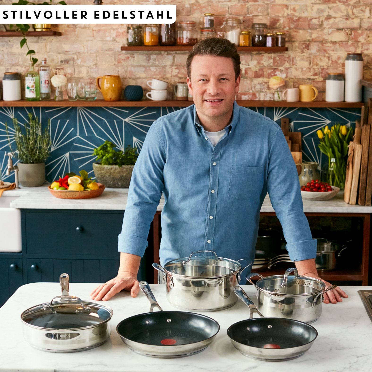 Tefal Pfannen-Set »Jamie Oliver Cook Smart für alle Herdarten, Induktion, Thermo-Signal« Edelstahl Set, 3x Bratpfannen 20/24/28 cm, 3 Stk. tlg. Antihaftversiegelung, lange Lebensdauer. ergonomischer Griff, E310S3