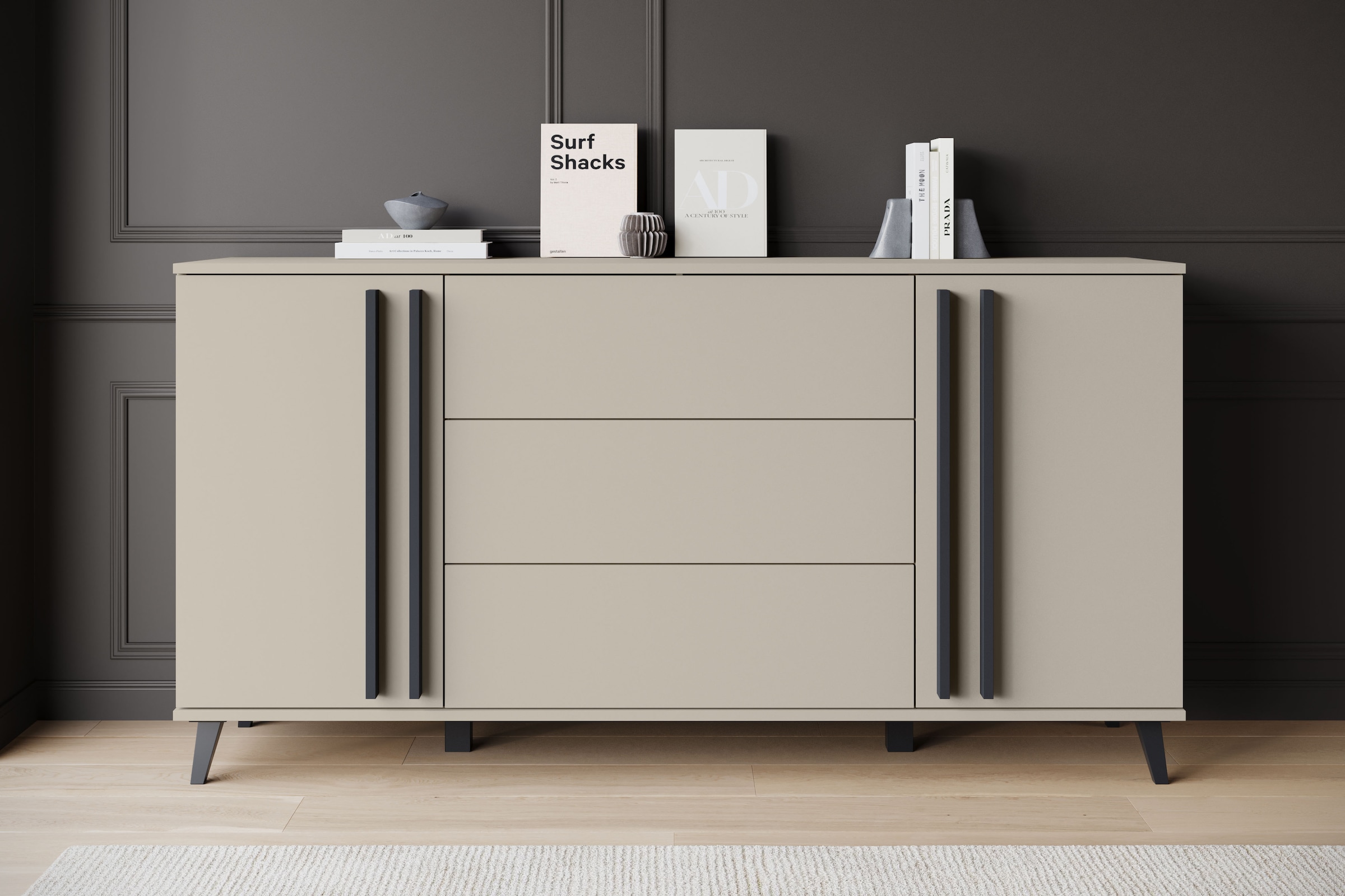 INOSIGN Sideboard »Helsinki, Kommode mit 2 Türen und 3 Schubladen, Breite 150 cm«, (1 St.), Push-to-Open-Schubladen, höhenverstellbare Einlegeböden