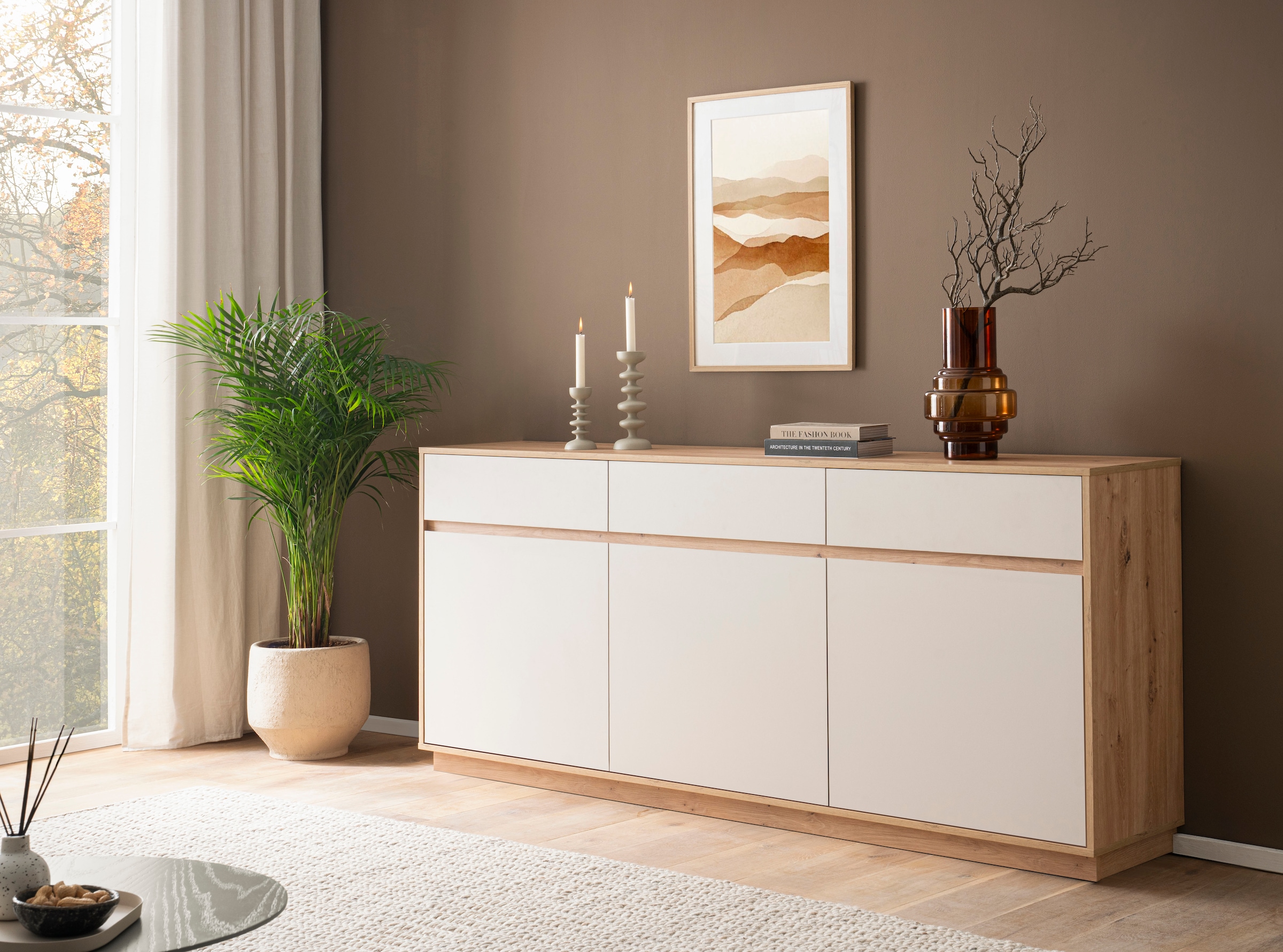Home affaire Sideboard »Sonora, moderner Schrank, Kommode in Eiche Artisan, 202 cm breit« filigrane Rahmenoptik, ausreichend Stauraum, vielseitig einsetzbar