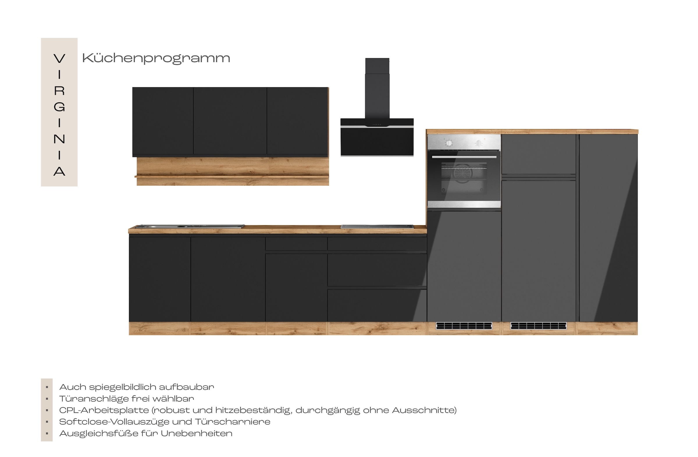KOCHSTATION Küchenzeile »KS-Virginia,neu in verbesserter Ausführung« Arbeitsplatte 38 mm stark, Stauraum, Softclose,  Breite 410 cm, Softclose, wahlweise mit E-Geräten und Induktion