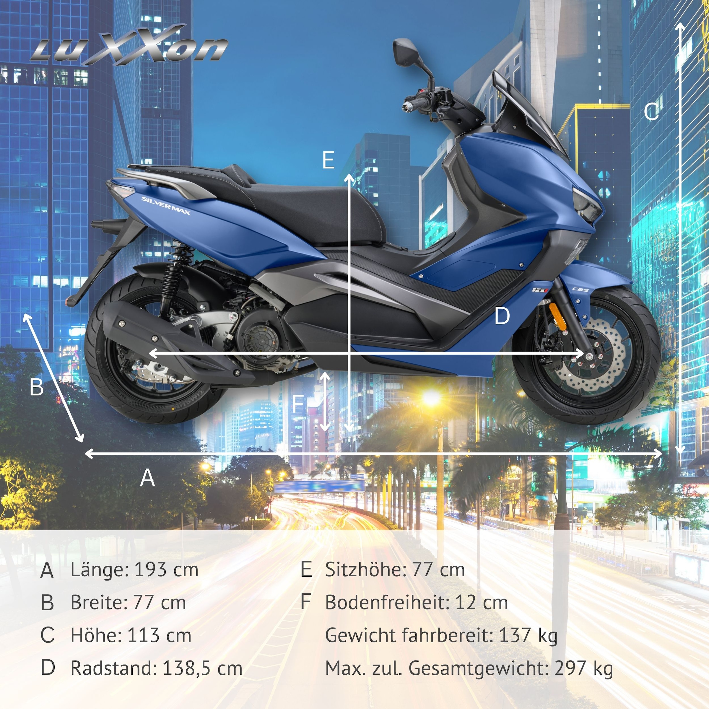 Luxxon Motorroller »Silvermax 125 (85 km/h), E5+, Maxi-Scooter, matt-anthrazit« 125 cm³ 85 km/h Euro 5+ 9,9 Euro 5+, Windschild, CBS, USB-Anschluss, Maxi-Scooter, Keyless Go