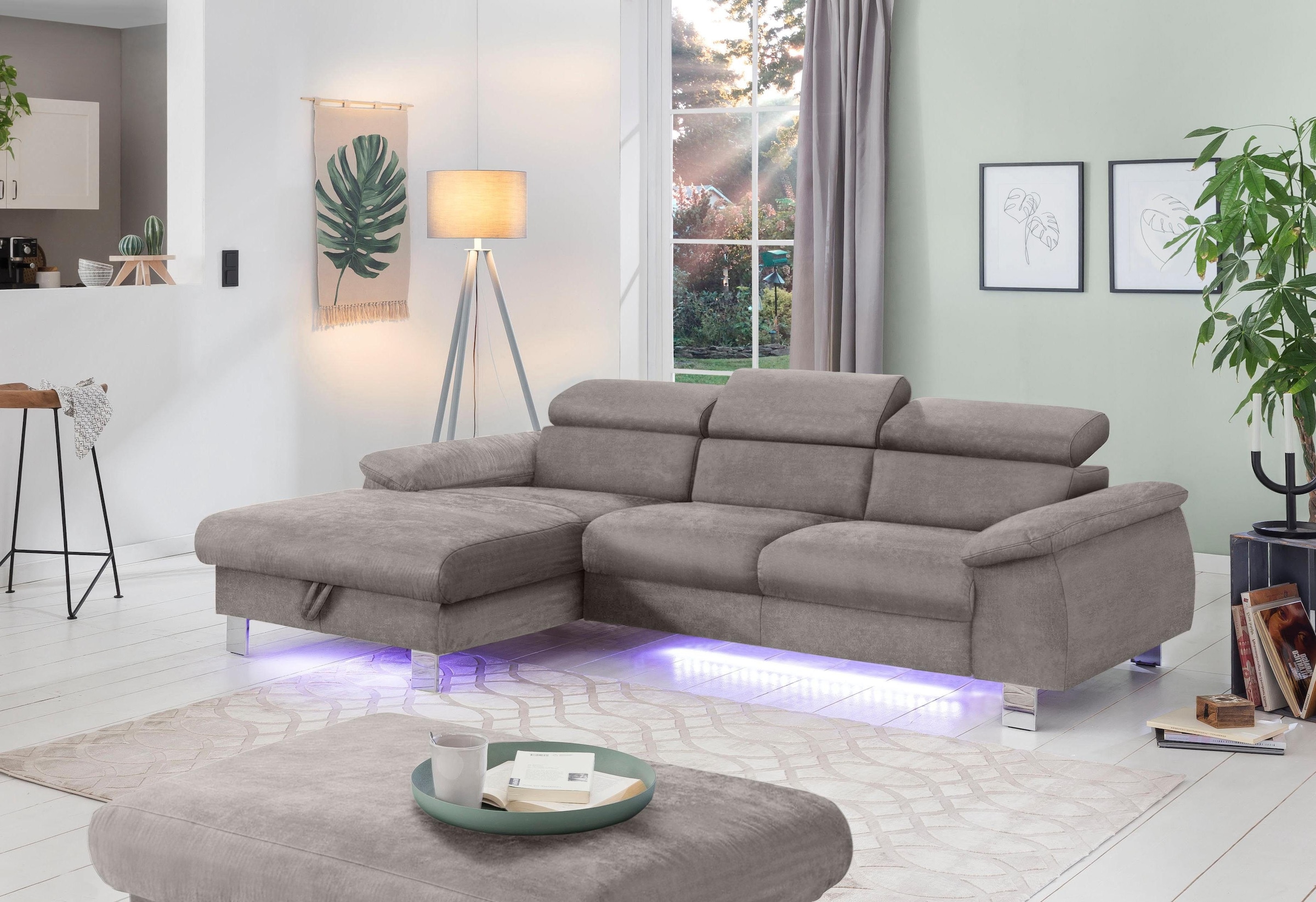 COTTA Ecksofa Komaris, Ecksofa, wahlweise mit RGB-LED-Beleuchtung und Bettfunktion/Bettkasten