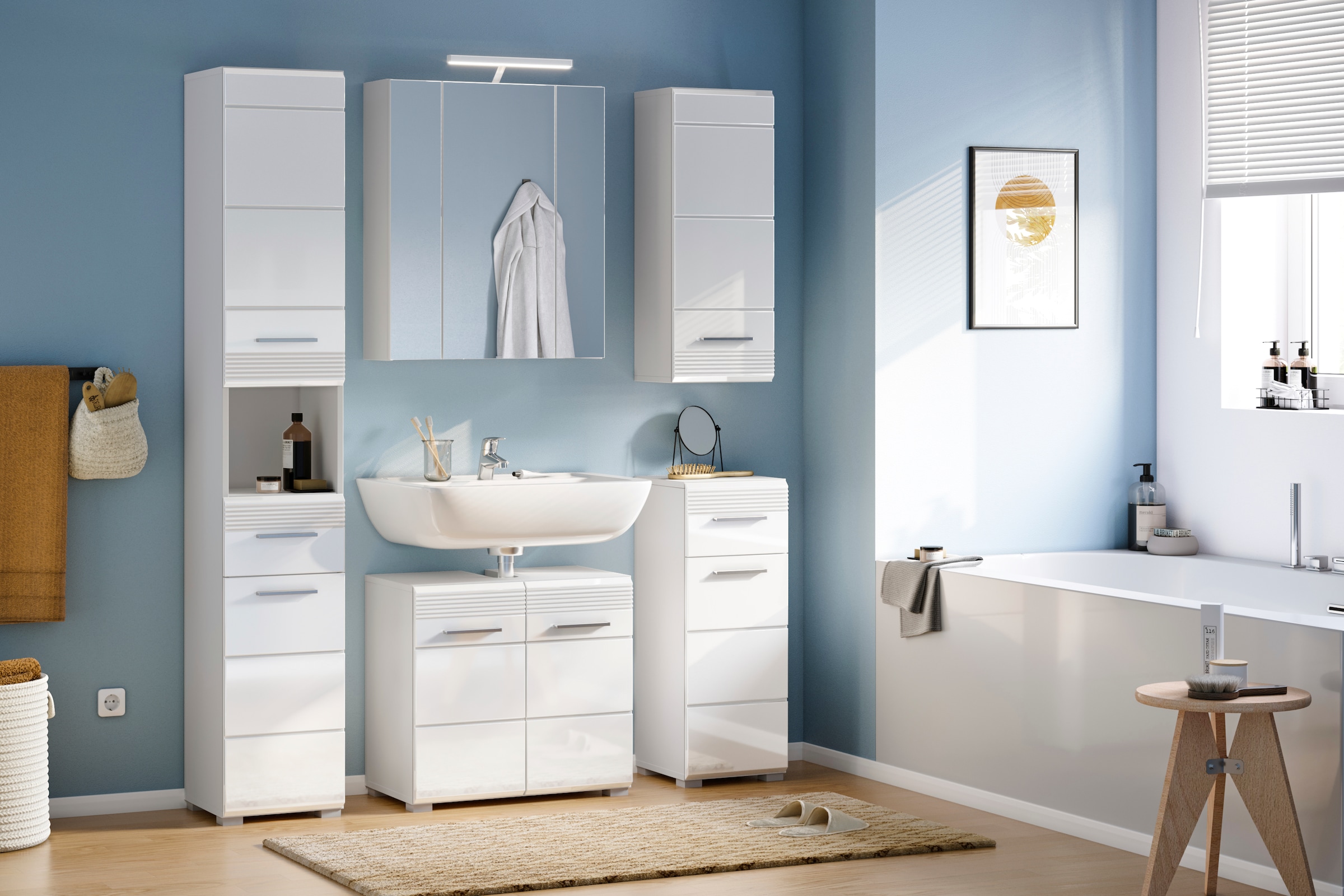 INOSIGN Badmöbel-Set »Malmö, 5 teilig, inklusive LED Beleuchtung, bestehend aus:«, (Set, 5 St.), Hochschrank, WBU, Spiegelschrank, Unterschrank, Hängeschrank