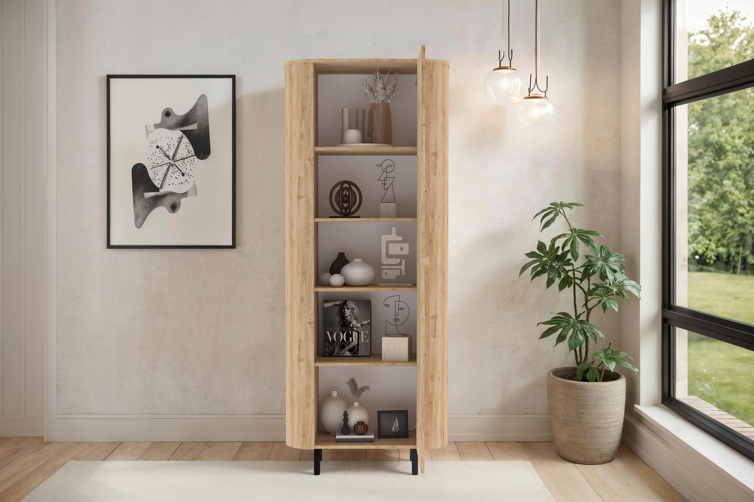 Home affaire Hochschrank »Murano, Stauraumschrank H 200 cm, B 80 cm, 1 Tür, Mehrzweckschrank« Formgebogenes MDF, Stirnseiten mit Rundung, Füße und Griffe aus Metall