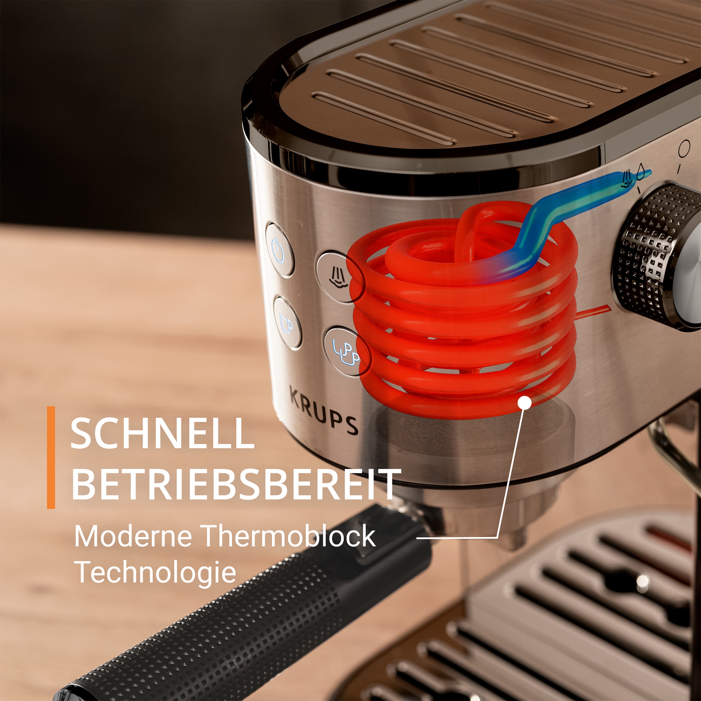 Krups Espressomaschine »XP4418 Virtuoso Essential, Siebträger«, Edelstahl-Applikationen, schlankes kompaktes Design, 2 Filtereinsätze