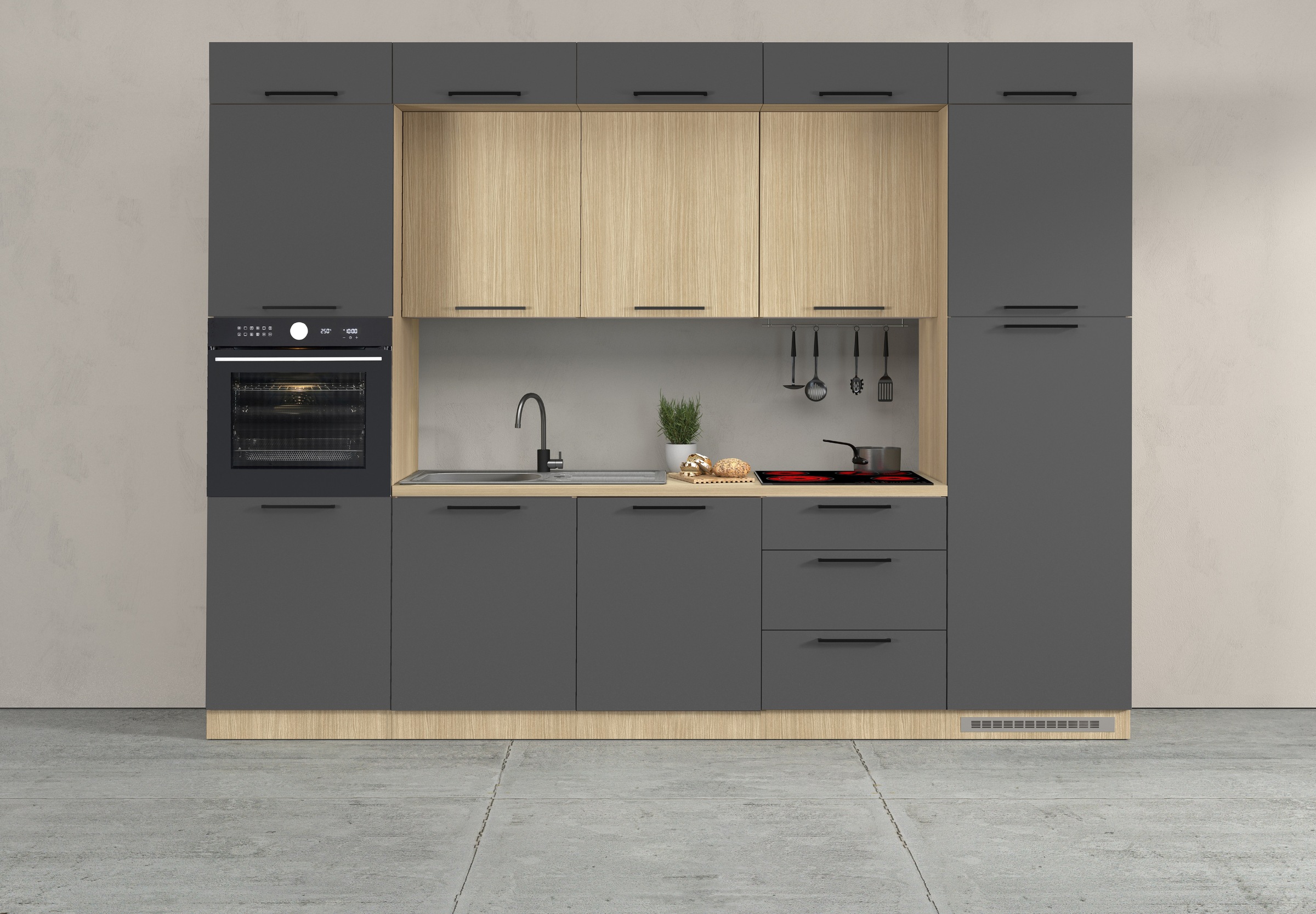KOCHSTATION Küchenzeile »Luna, Einbauküche, Zeilenküche, mit Soft-Close Funktion, Made in Italy« Breite 300 cm ohne E-Geräte, mit Spüle+Siphon und Aufsatz