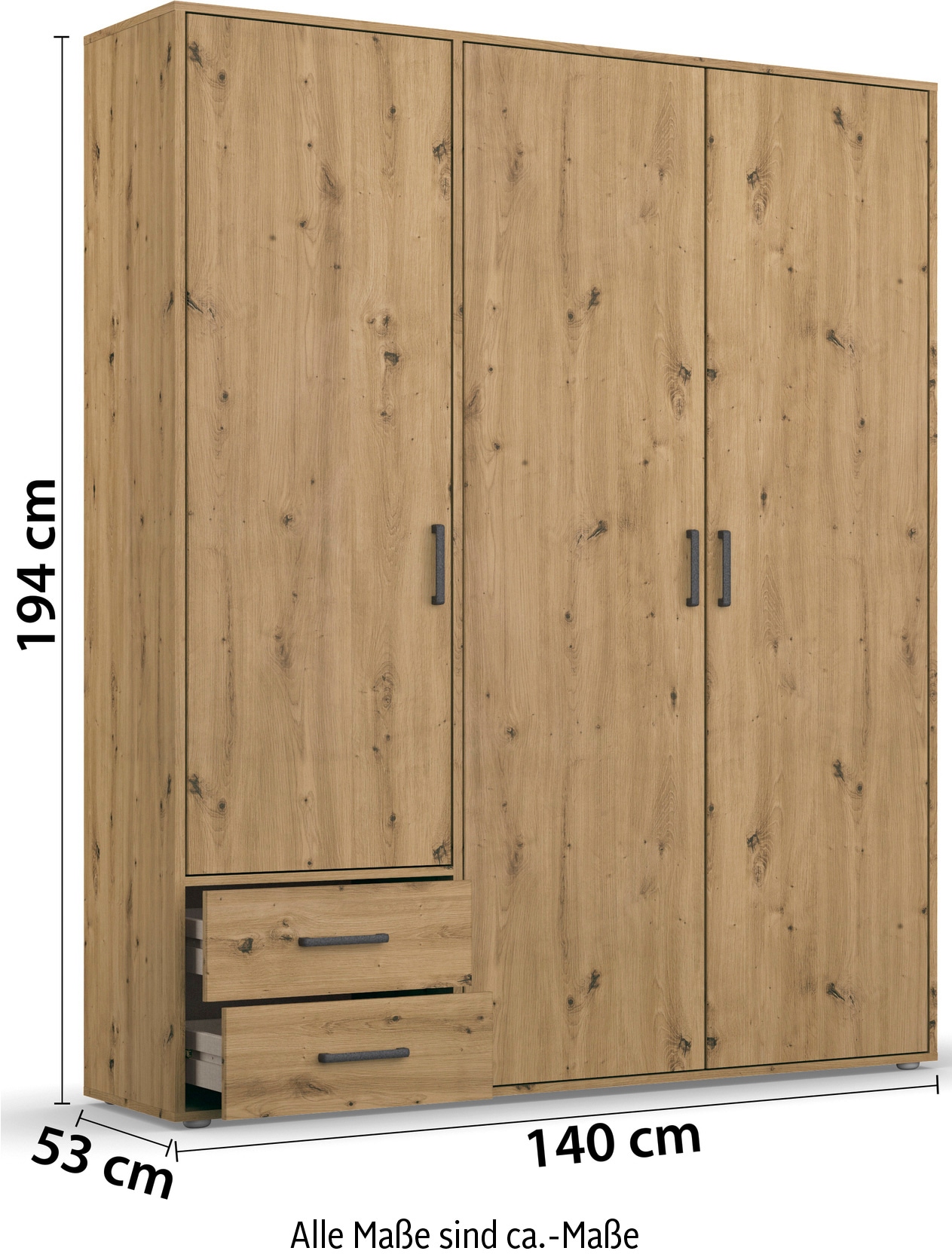 rauch Drehtürenschrank »Kleiderschrank Schrank Garderobe Wäscheschrank VOYAGER«, (in 3 verschiedenen Ausstattungen BASIC/CLASSIC/PREMIUM), moderne Griffe in Graumetallic mit Außenschubkästen MADE IN GERMANY