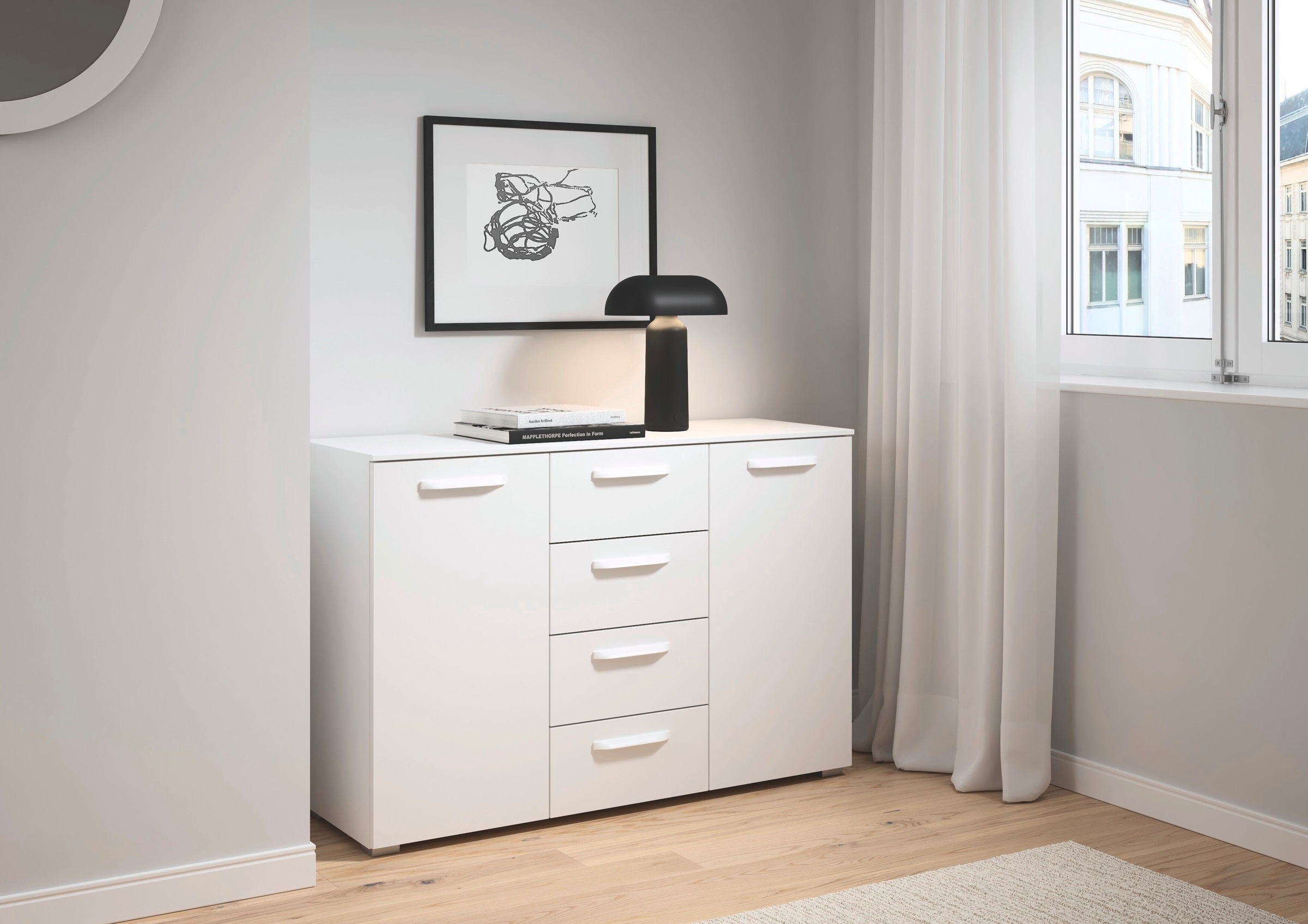 rauch Kombikommode »Sideboard Schubladenkommode OTELI mit Dekor- und Hochglanzfront« Breite 120 cm inkl. Soft-Close-Funktion,  vier große Schubladen und 2 Türen, mit 4 Einlegeböden MADE IN GERMANY