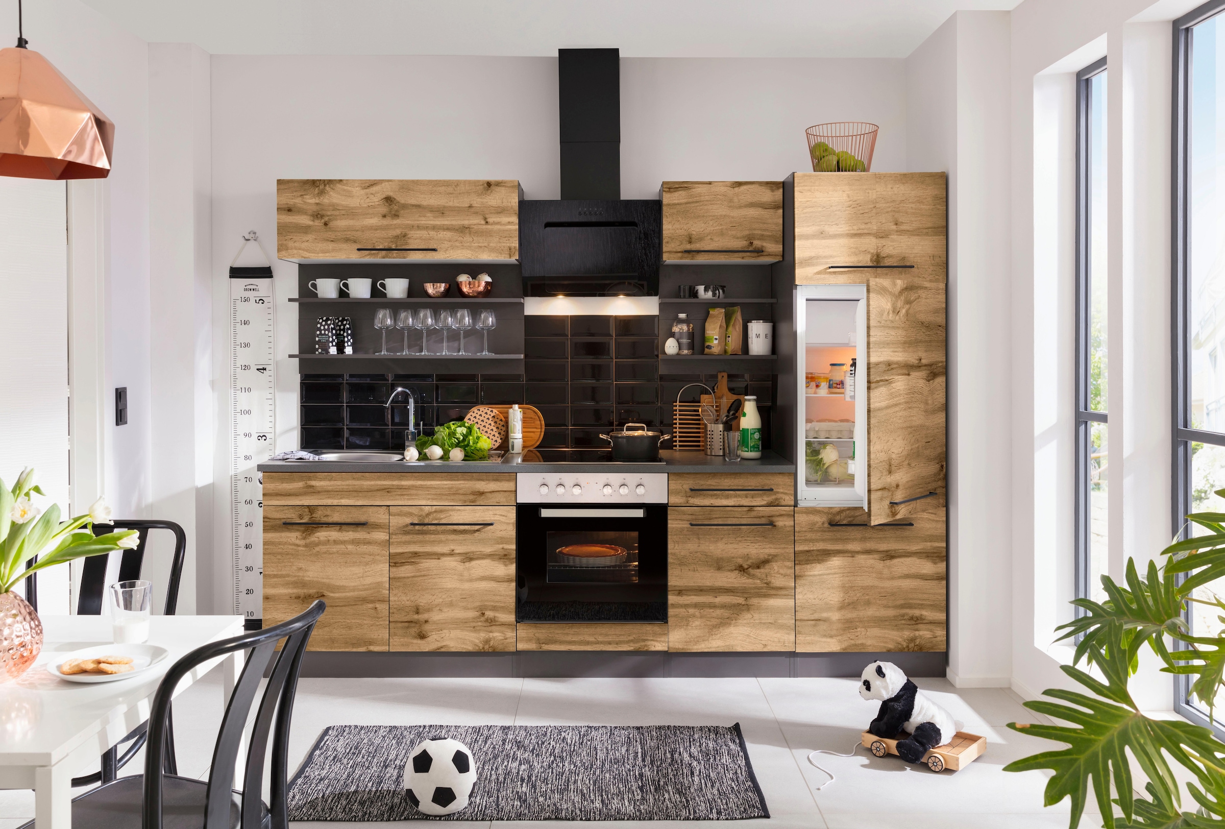 KOCHSTATION Küchenzeile »KS-Tulsa« mit E-Geräten, Breite 270 cm, schwarze Metallgriffe, MDF Fronten