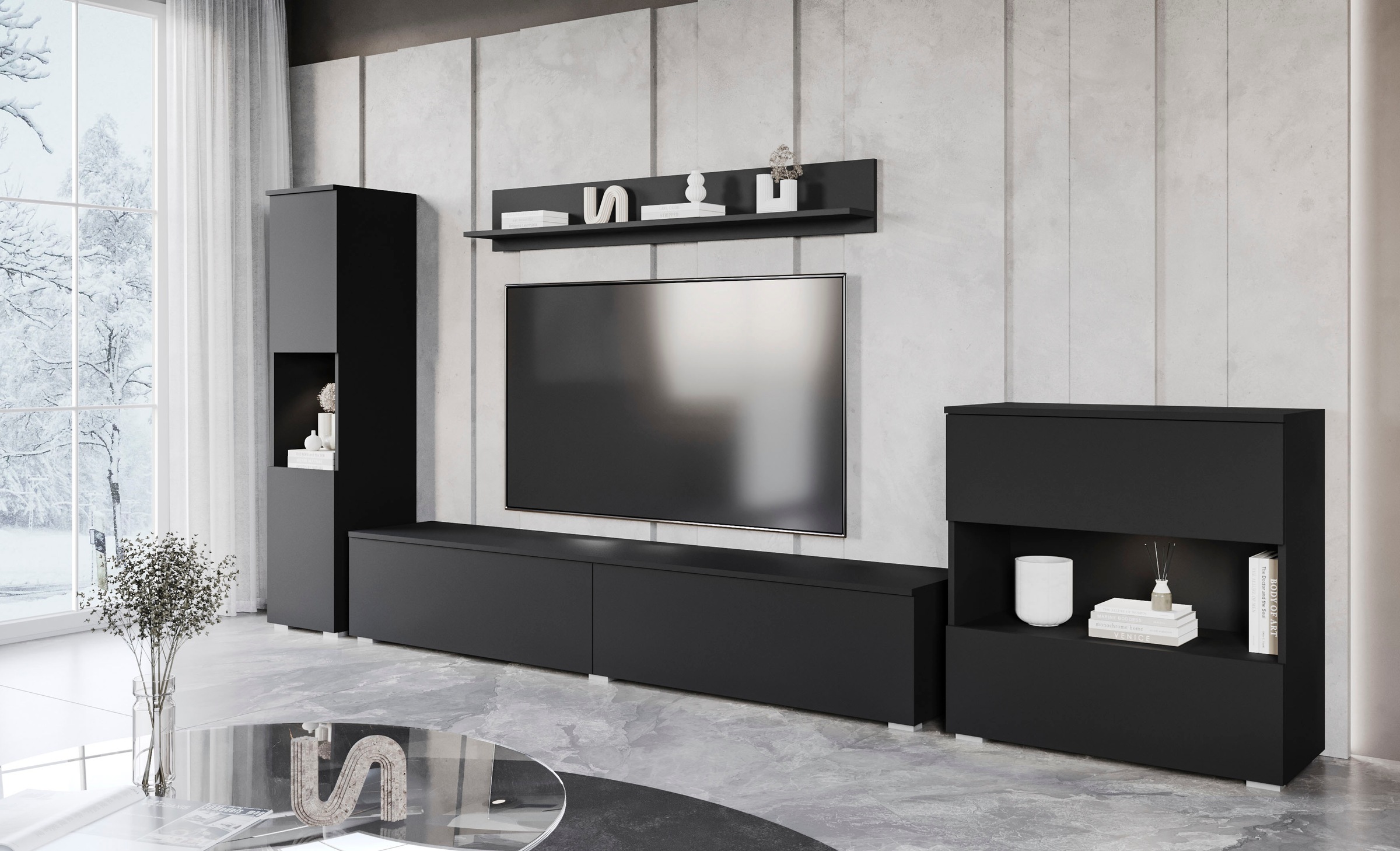 INOSIGN Wohnwand »PARIS, Vitrine Türanschlag links/rechts wechselbar«, (Komplett-Set, 4 St.), grifflose Design, stehend und hängend montierbar