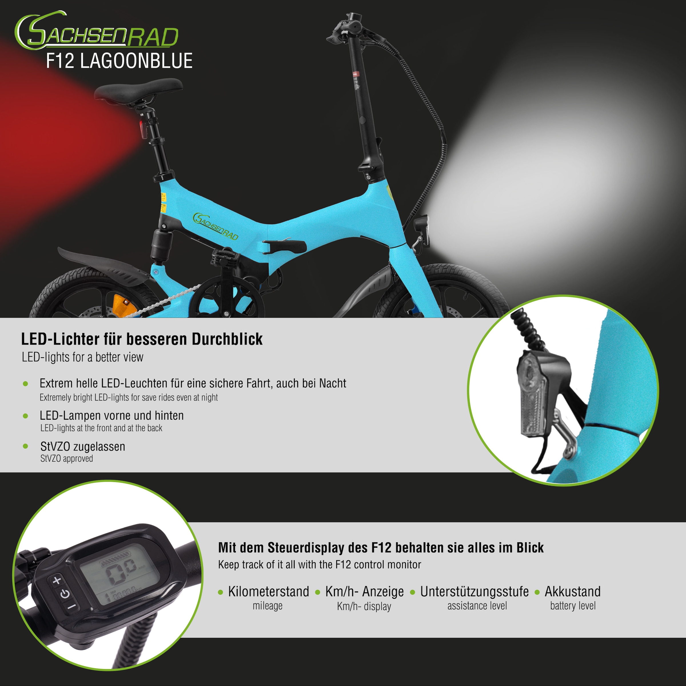 SachsenRad E-Bike »F12«, 1 Gang, Shimano, keine, Heckmotor 250 W, LCD-Steuerdisplay, Fahrmodus Pedelec, 
LED-Frontlicht, LED Rücklicht