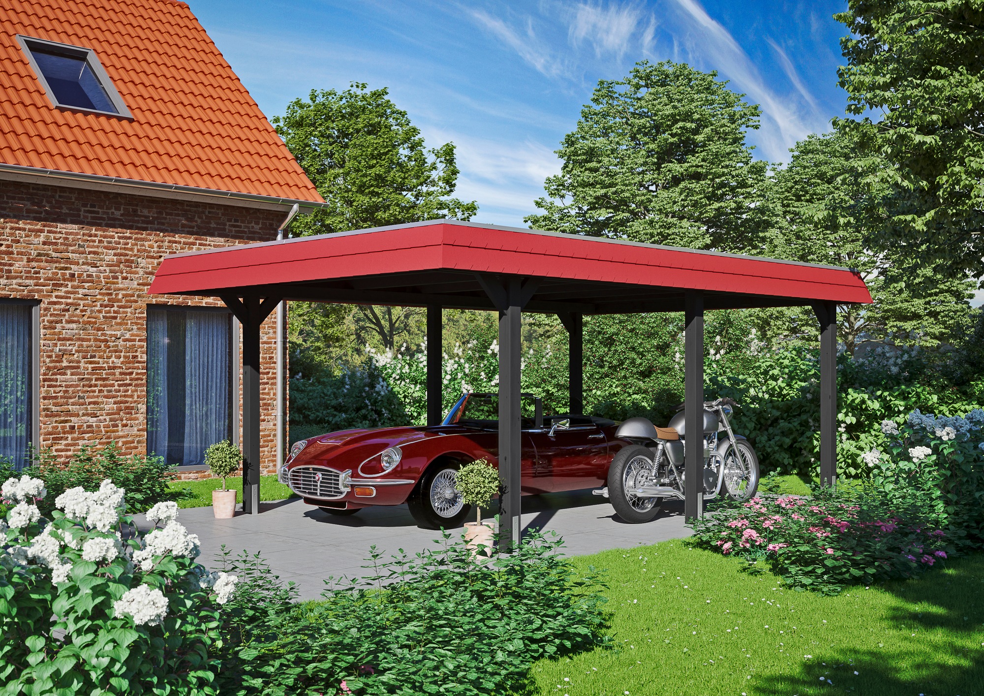 Skanholz Einzelcarport »Wendland« Massivholz 341 cm Anthrazit, rote Blende günstig online kaufen
