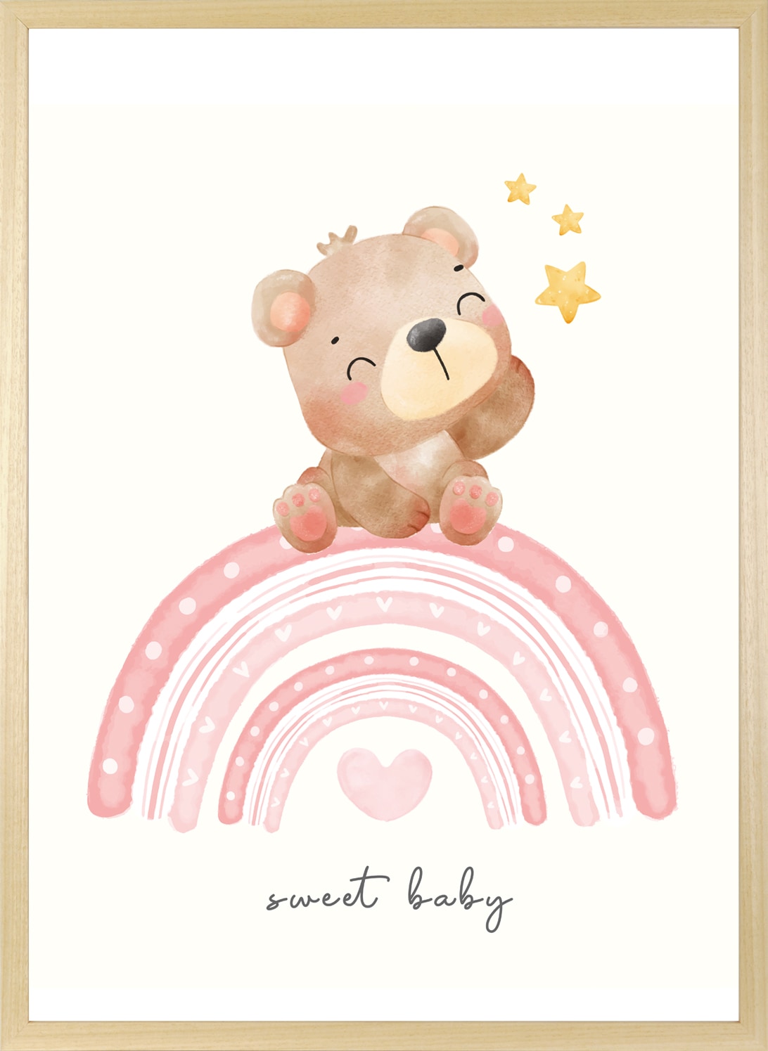 queence Bild mit Rahmen »Bär auf buntem Regenbogen«, Bär-Bären-Bilder vom Sternenhimmel-Herz-Herzen-Regenbogen-Schriftzug-Stern-Sterne-Teddy-Tiere, (1 St.), HD Premium Posterdruck mit Echtholzrahmen