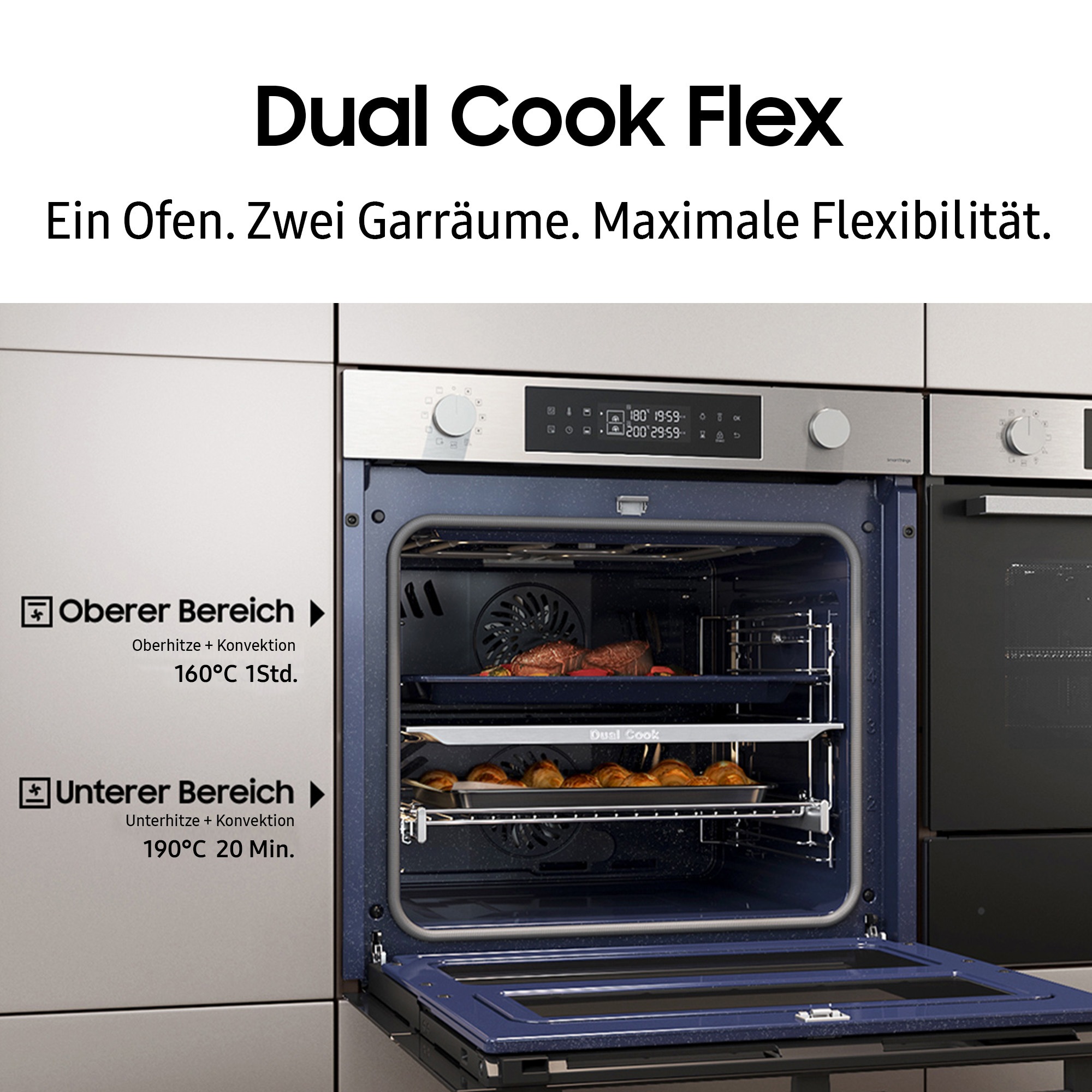 Samsung Pyrolyse Backofen Serie 5 »NV7B5775XDK« mit 1-fach-Teleskopauszug mit Pyrolyse-Selbstreinigung Dual Cook Flex – Ein Ofen. Zwei Garräume. Flexible Tür.