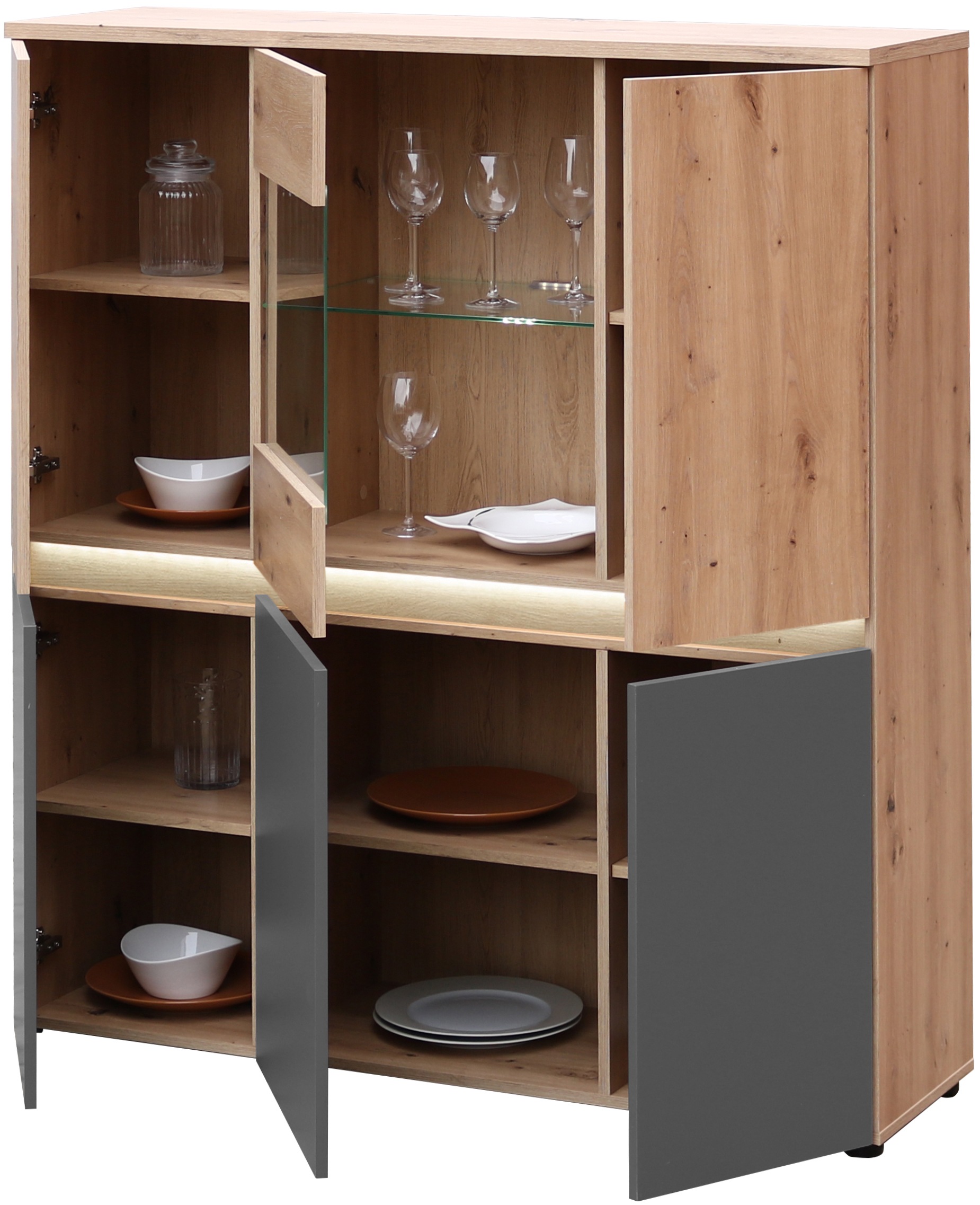 HBZ Highboard »Lille mit LED-Beleuchtung, Wohnzimmerschrank BxHxT 120x140x38 cm«, (1 St.), Mit 5 Türen, 5 Einlegeböden und 1 Glasboden
