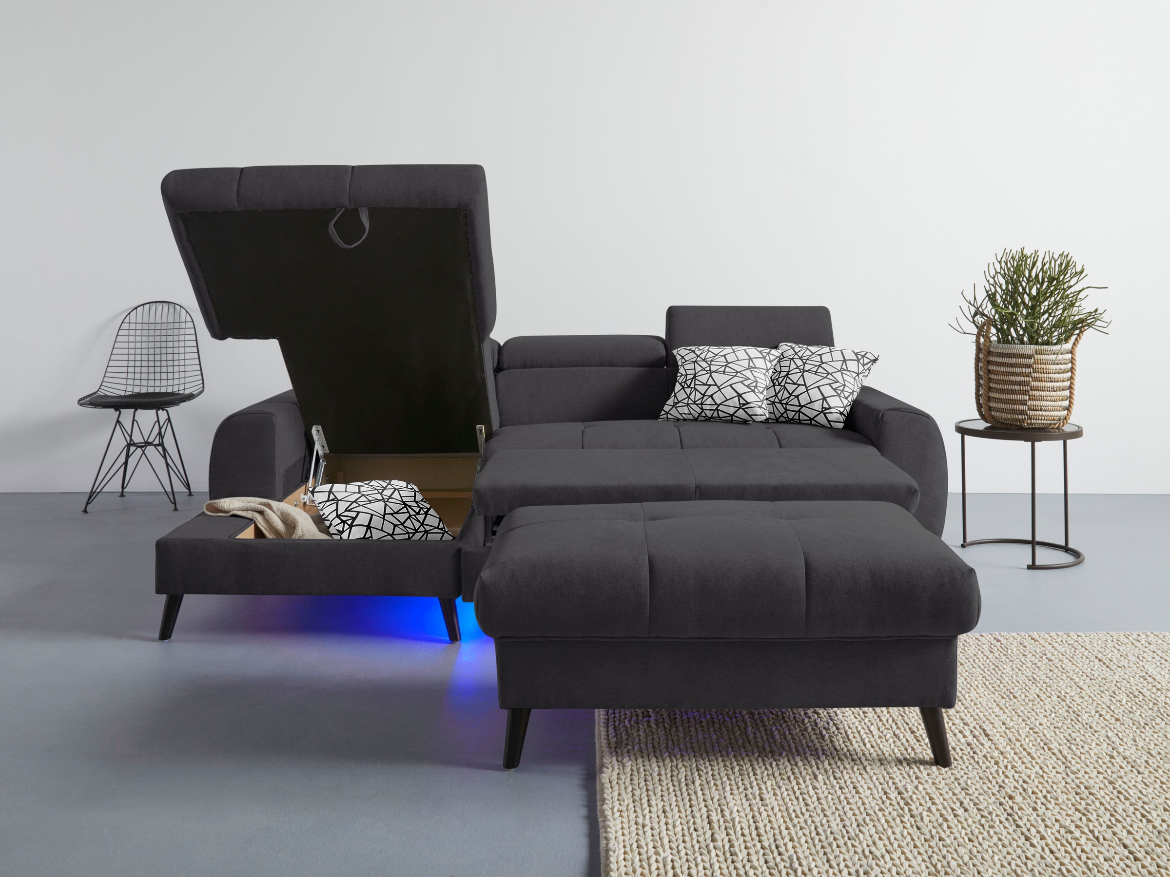 COTTA Ecksofa »Mia L-Form mit 3 Zierkissen«, wahlweise mit Bettfunktion, Bettkasten, Beleuchtung & Wireless-Charger