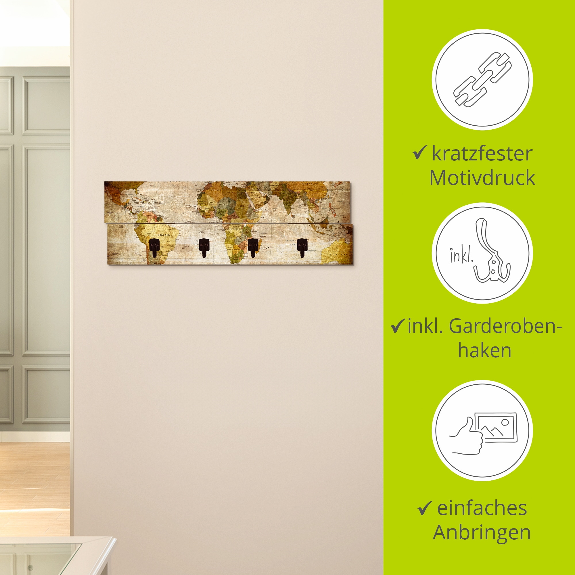 Artland Garderobenleiste »Weltkarte«, teilmontiert