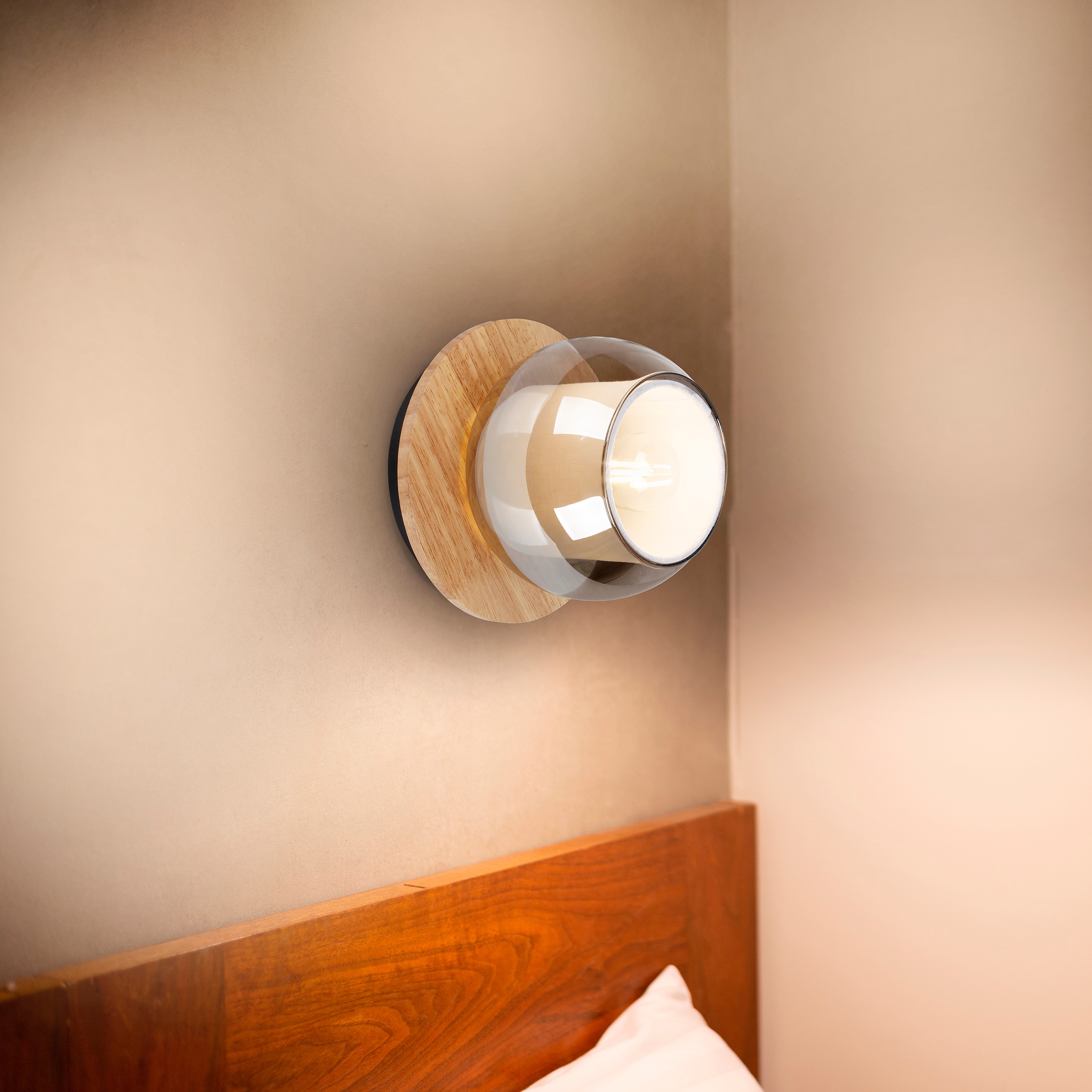 näve Deckenleuchte »Texas« E27 1 Stk. Glasschirm smokey, naturfarbenes Holzdetail, E27 exkl.