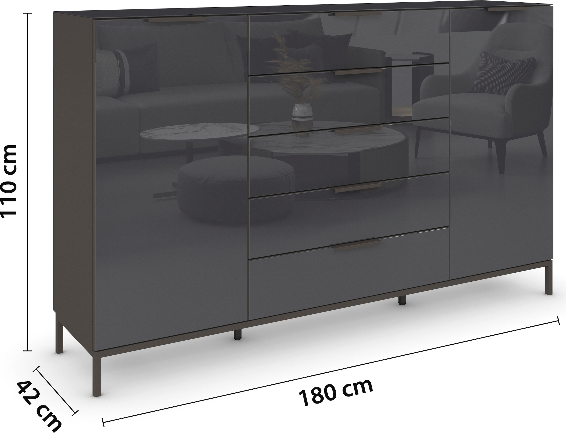 rauch Schubkastenkommode »Kommode Türkommode Sideboard Kombikommode FLIPP mit Glasfront«, (Breite 160/180 cm mit 4 Einlegeböden), 2-türig, 5 Schubladen, Soft-Close, Oberboden und Front Glas, 2 Breiten