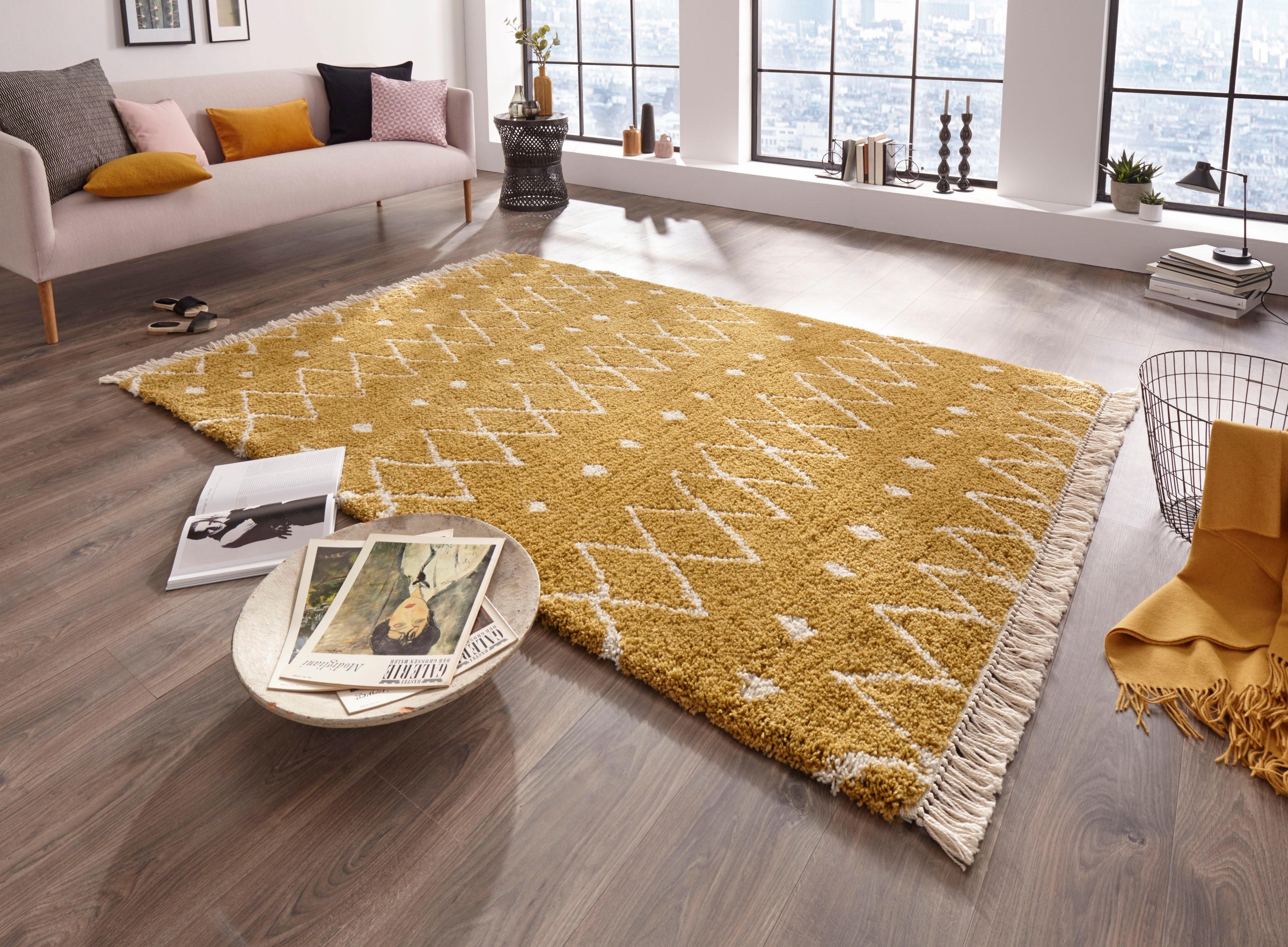 freundin Home Collection Hochflor-Teppich »Calla«, rechteckig, 35 mm Höhe, weicher Flor, Zickzack Muster mit Fransen, Robust, Pflegeleicht