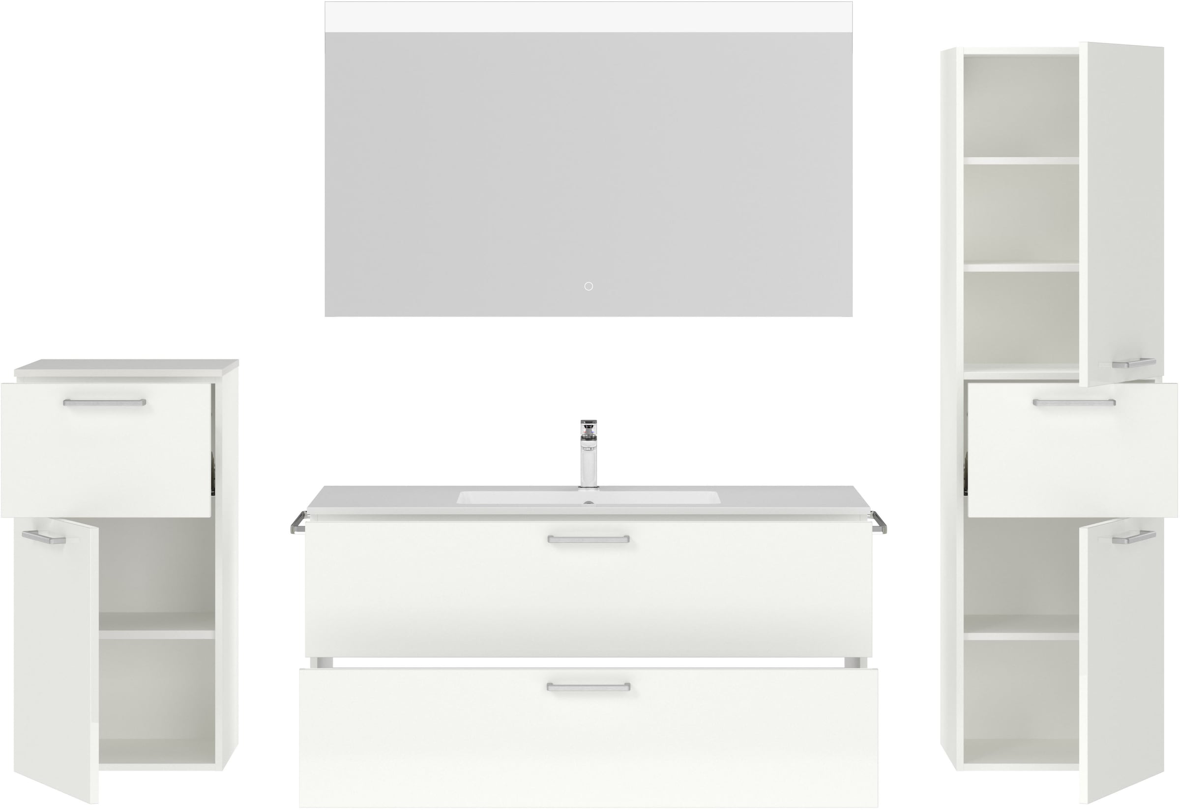 nobilia® Badmöbel-Set »Tolvina«, (4 St., vormontiert, mit Soft-Close), Hochglanz, inkl. Spiegel mit Touch-Sensor, in vier Breiten