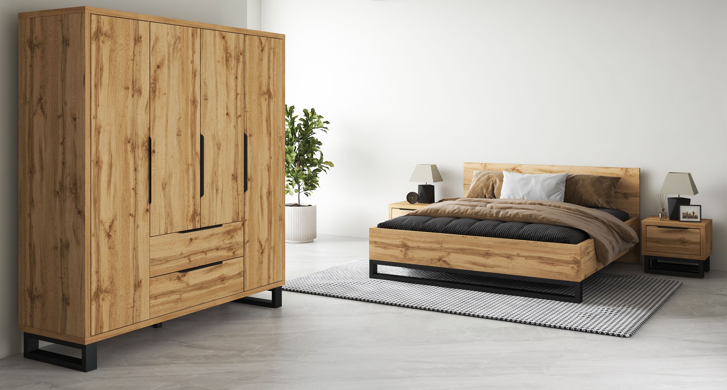 Schlafzimmer-Set "Bronne,Komplettschlafzimmer (Set,4-St)" Schlafzimmer-Set, Schrank 191cm breit, 2xNachtische, Bett180/200cm wotan eiche B/H/T: 188 cm x 93,5 cm x 208,5 cm