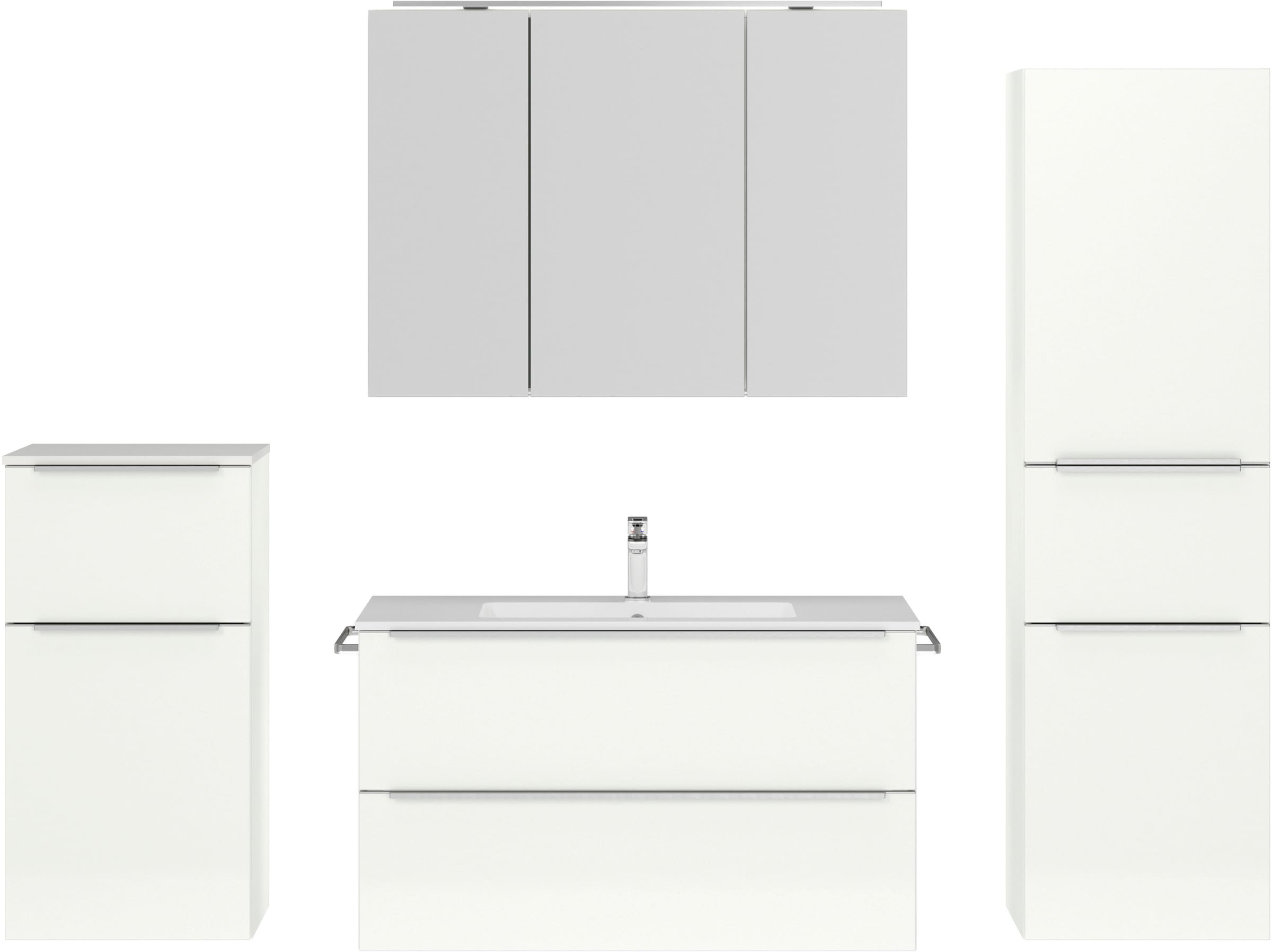 nobilia® Badmöbel-Set »Levere«, (4 St., vormontiert, mit Soft-Close), inkl. Spiegelschrank mit Beleuchtung und Dimmerfunktion, in 4 Breiten
