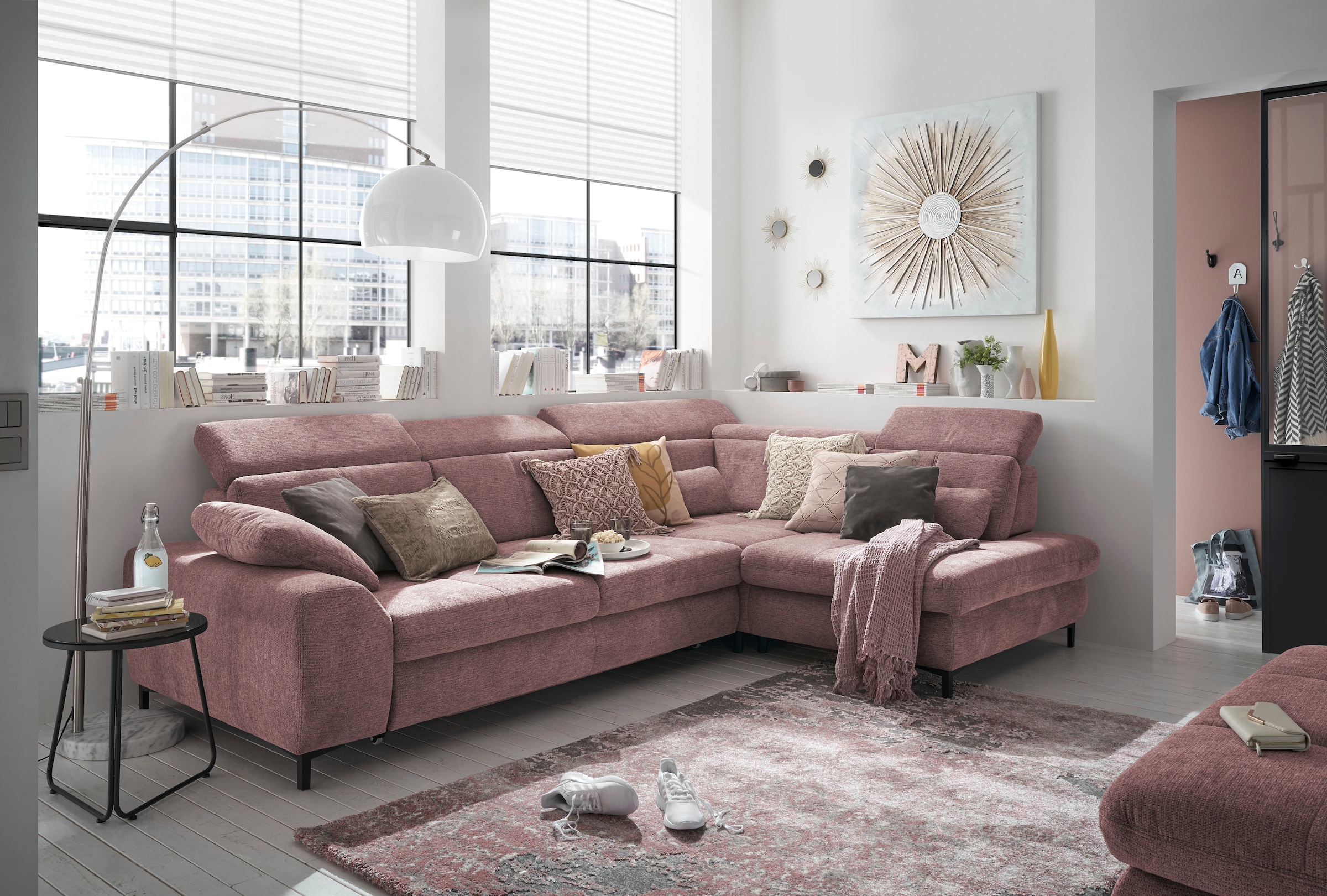 set one by Musterring Ecksofa »SO 3400 Sitzhöhe 47cm oder 49cm, Sitztiefe verstellbar, B/T 317/220 cm«, Kaltschaumpolsterung, Flachgewebe, whlw. mit Funktionen, Sitzhöhe 47