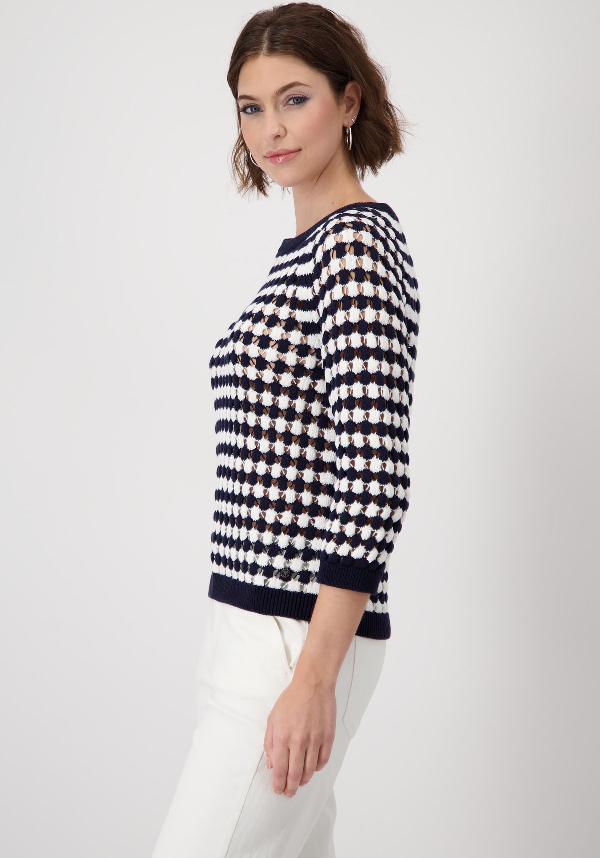 Monari Rundhalspullover »Pullover Ringel Ajour«, aus zweifarbigen Strukturstrick