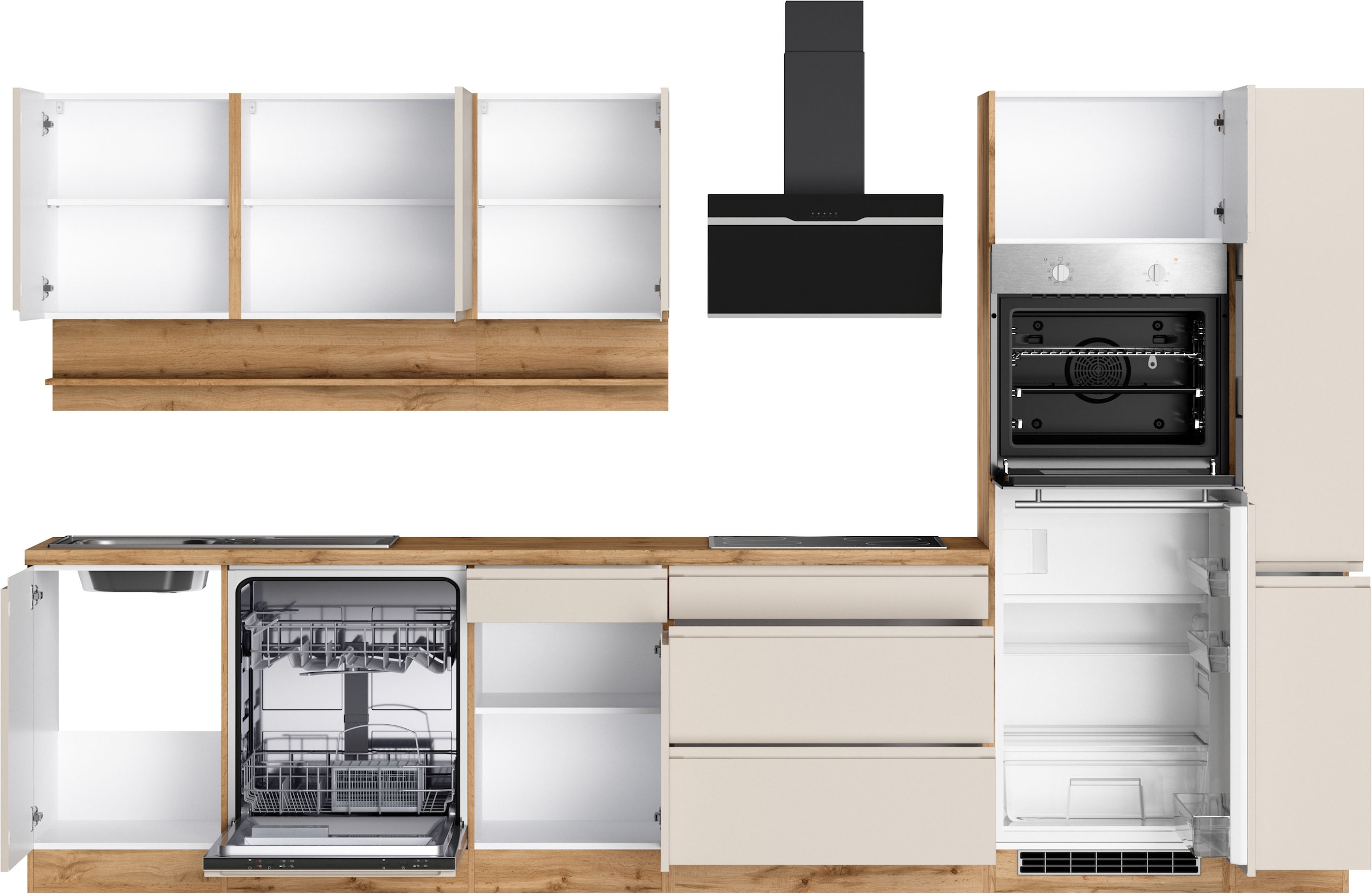 KOCHSTATION Küchenzeile »KS-Virginia,neu in verbesserter Ausführung« Arbeitsplatte 38 mm stark, Stauraum, Softclose,  Breite 330 cm, Soft-Close, ohne E-Geräte