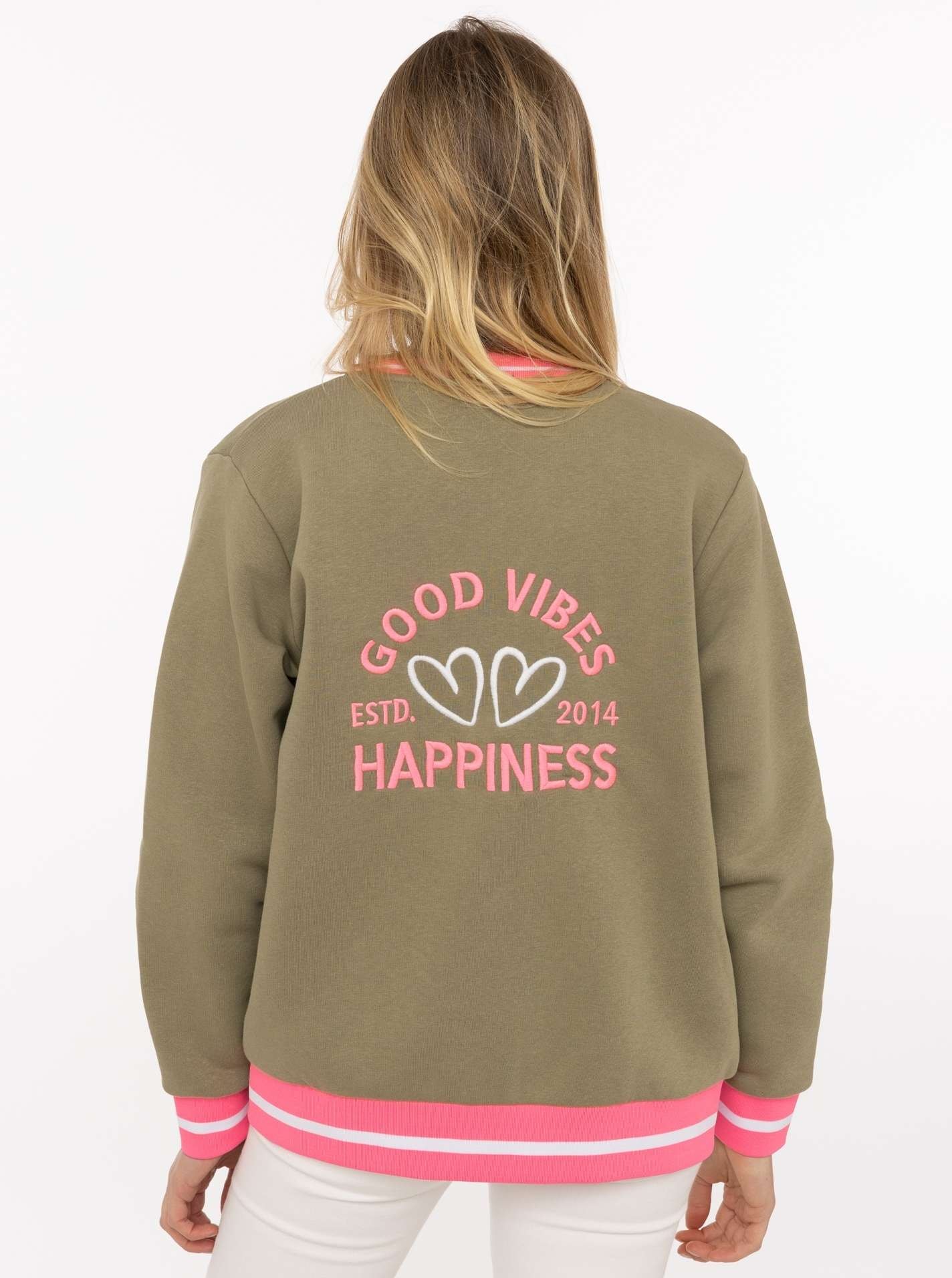 Zwillingsherz Sweatjacke »"College"« Reißverschluss, gestreiften Rippbündchen, Eingriffstaschen, Stickerei