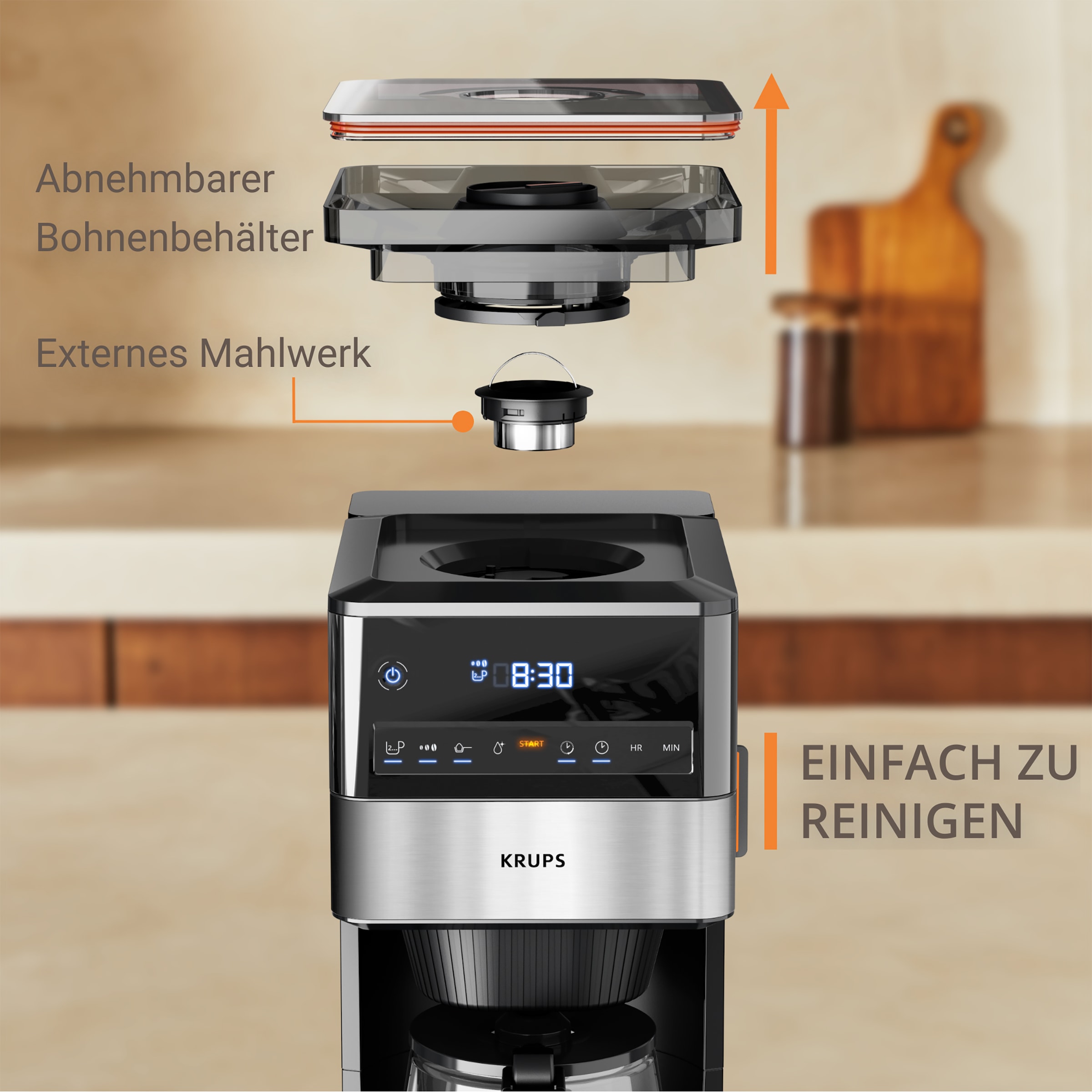Krups Filterkaffeemaschine »KM8428 Grind Aroma XL«, 1,5 l Kaffeekanne, Papierfilter-Permanentfilter, 1x4, Kegelmahlwerk, digitales Bedienfeld, 1,5 l, 2 h Warmhaltefunktion
