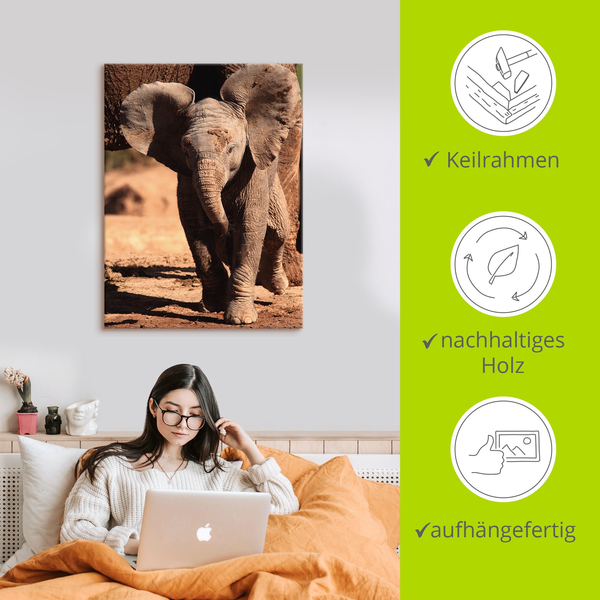 Artland Leinwandbild »Elefantenbaby« Wildtiere 1 Stk. tlg. auf Holzrahmen gespannt