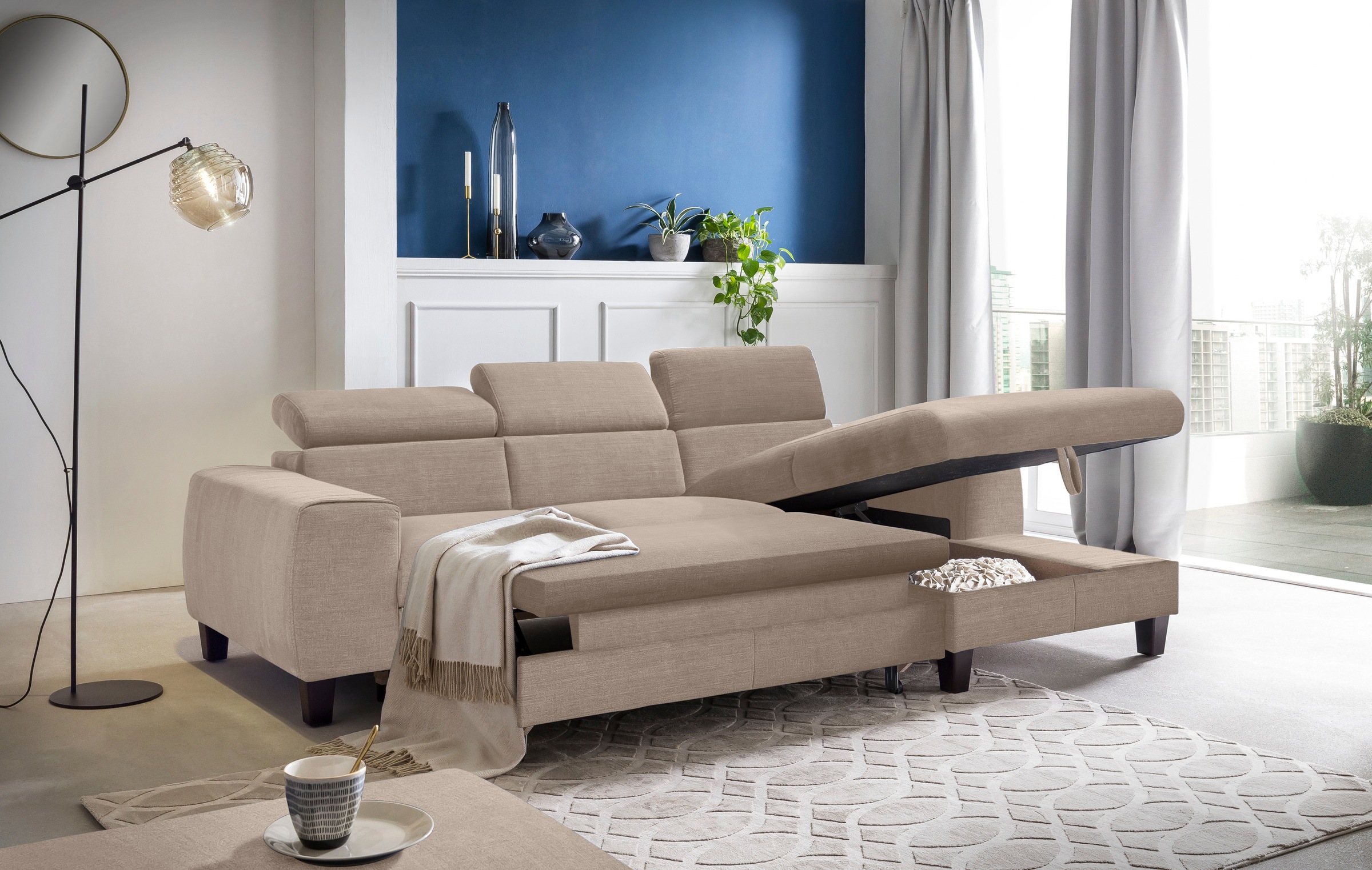 COTTA Ecksofa »Morven L-Form mit Kopfteilverstellung«, wahlweise mit Bettfunktion, Bettkasten & Wireless-Charger