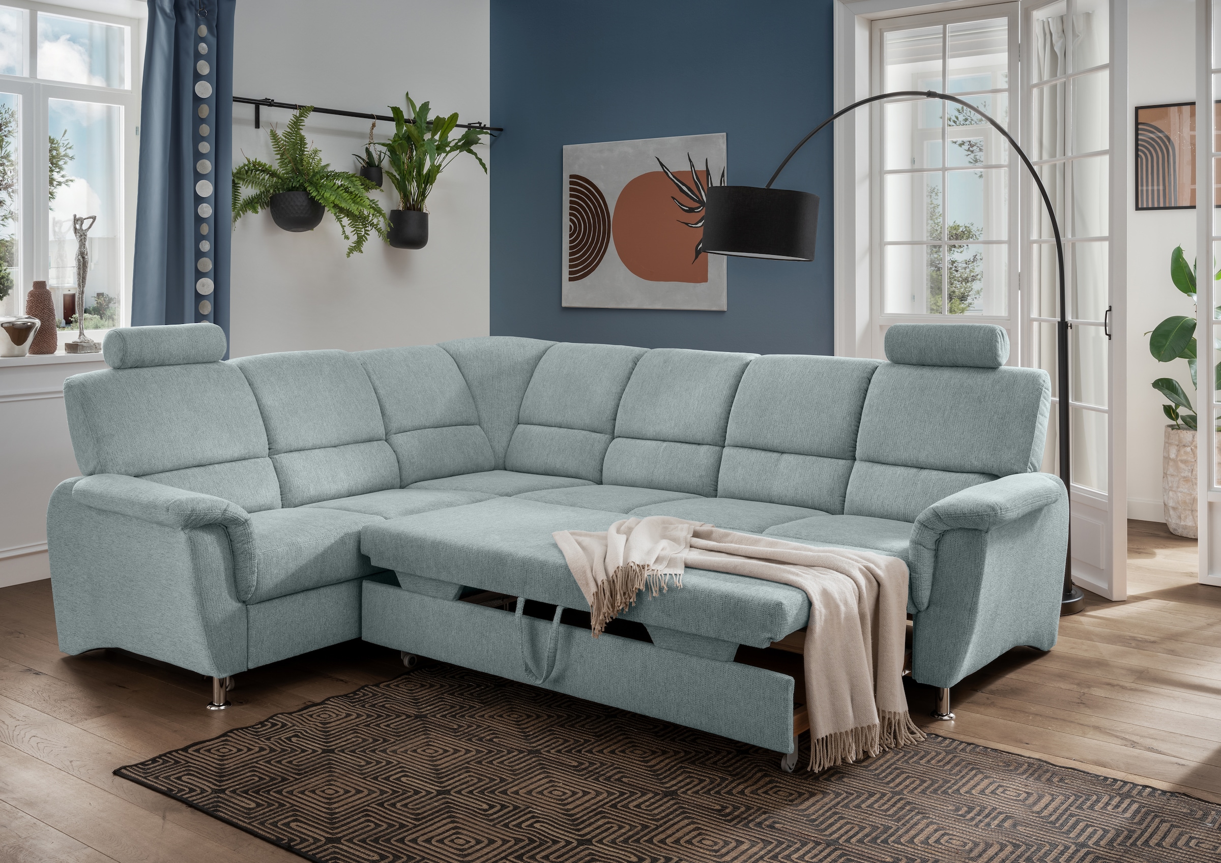 Home affaire Ecksofa »Pisa L-Form, mit Schlaffunktion, Stauraum, 2x höhenverstellbare«, Kopfstützen und Relaxfunktion im Eckelement