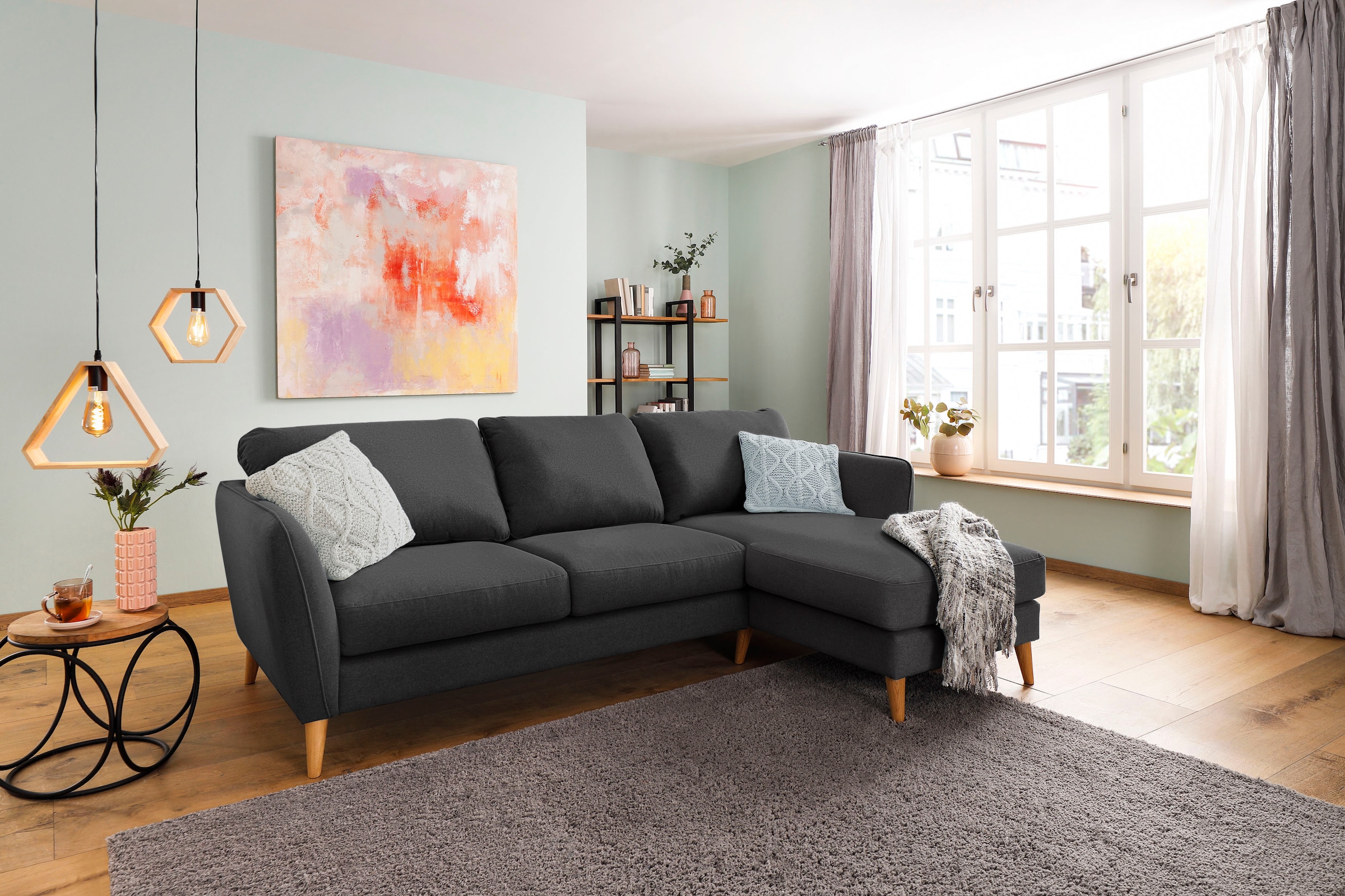 Home affaire Ecksofa »MARSEILLE (242/152cm),L-Form, Rec. rechts/links«, Massivholzbeine Eiche, Landhausstil, Wellenunterfederung