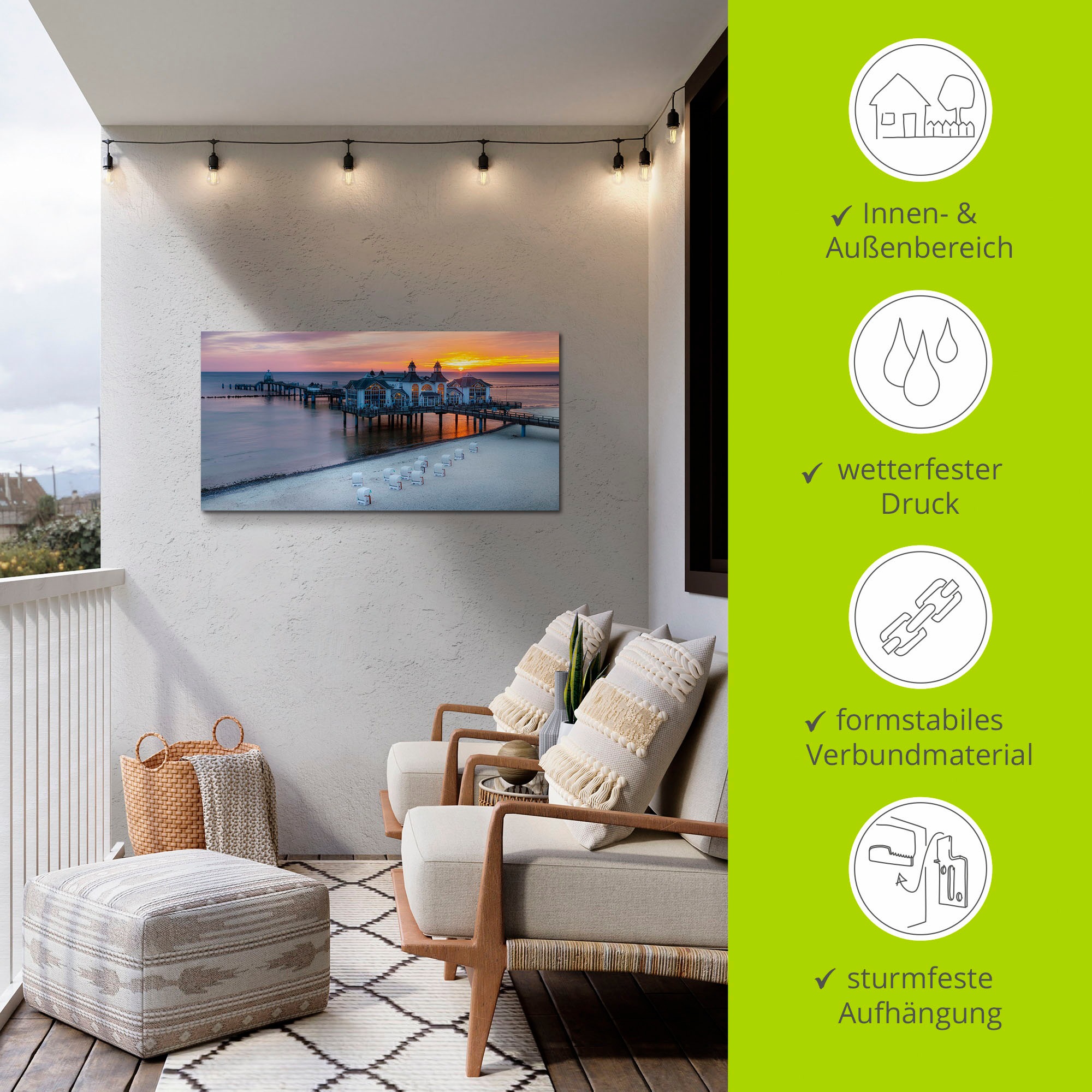 Artland Wandbild »RÜGEN Seebrücke in Sellin Sonnenaufgang«, (1 Stück), in vielen Größen & Produktarten - Alubild / Outdoorbild für den Außenbereich, Leinwandbild, Poster, Wandaufkleber / Wandtattoo auch für Badezimmer geeignet